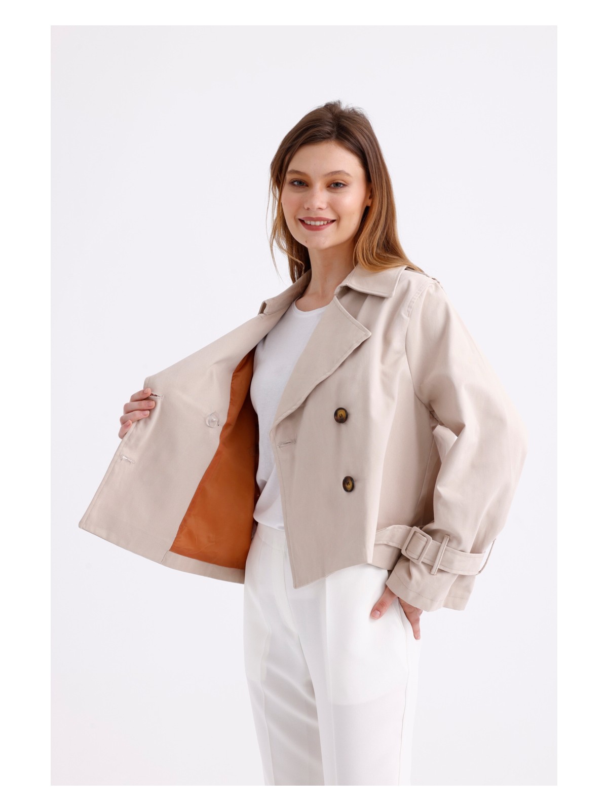 Pastelastore %100 Pamuk Gabardin Astarlı Oversize Geniş Kalıp Kadın Crop Kısa Trençkot 1122 - Görsel 7