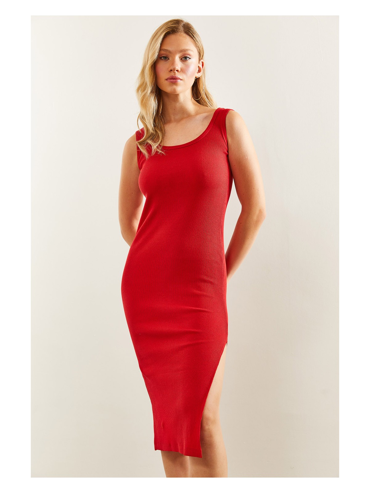 Shade Kare Yaka Yırtmaçlı Fitilli Kaşkorse Elbise - Görsel 3