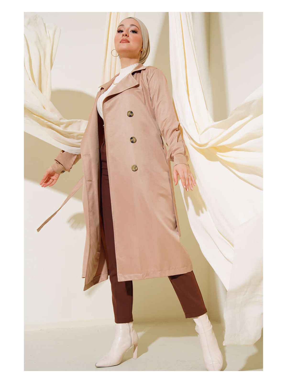 Bigdart T5853 Kruvaze Yaka Tesettür Trençkot - Vizon