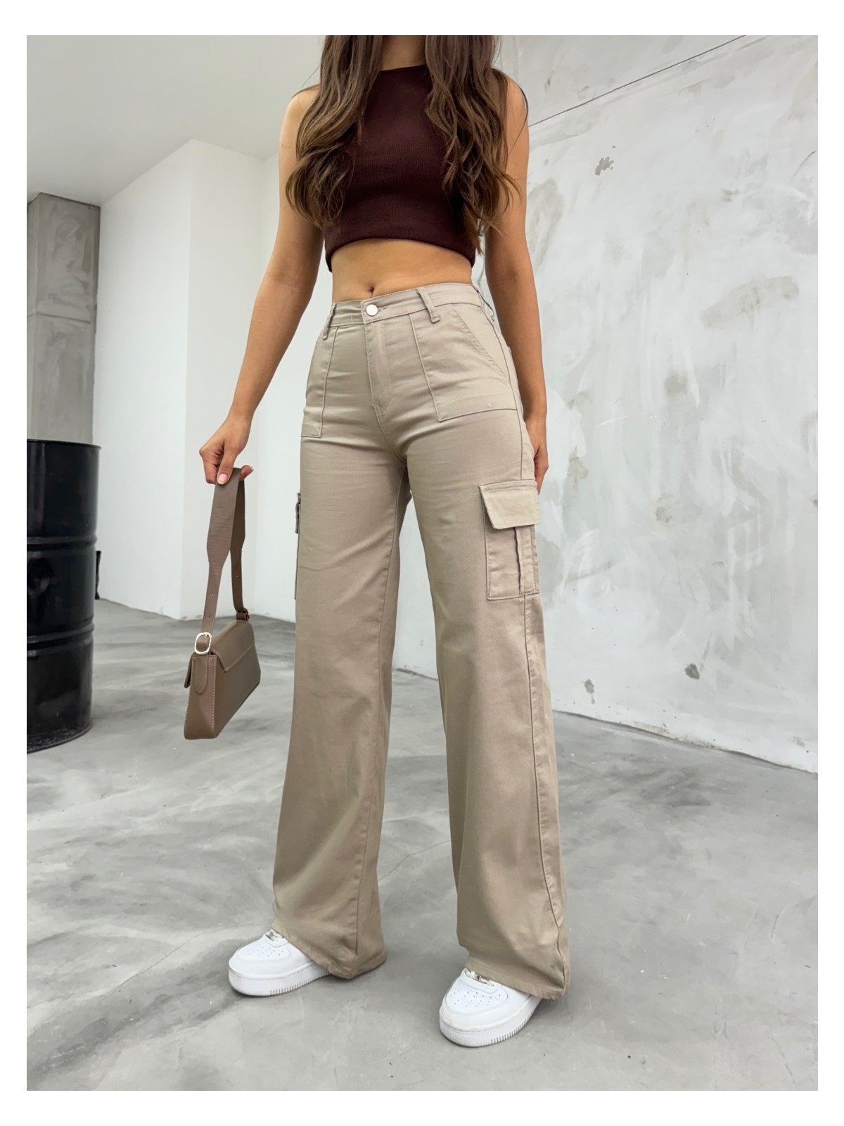 Bikelife Siyah Kargo Cepli Likralı Yüksek Bel Wide Leg Pantolon - Görsel 8