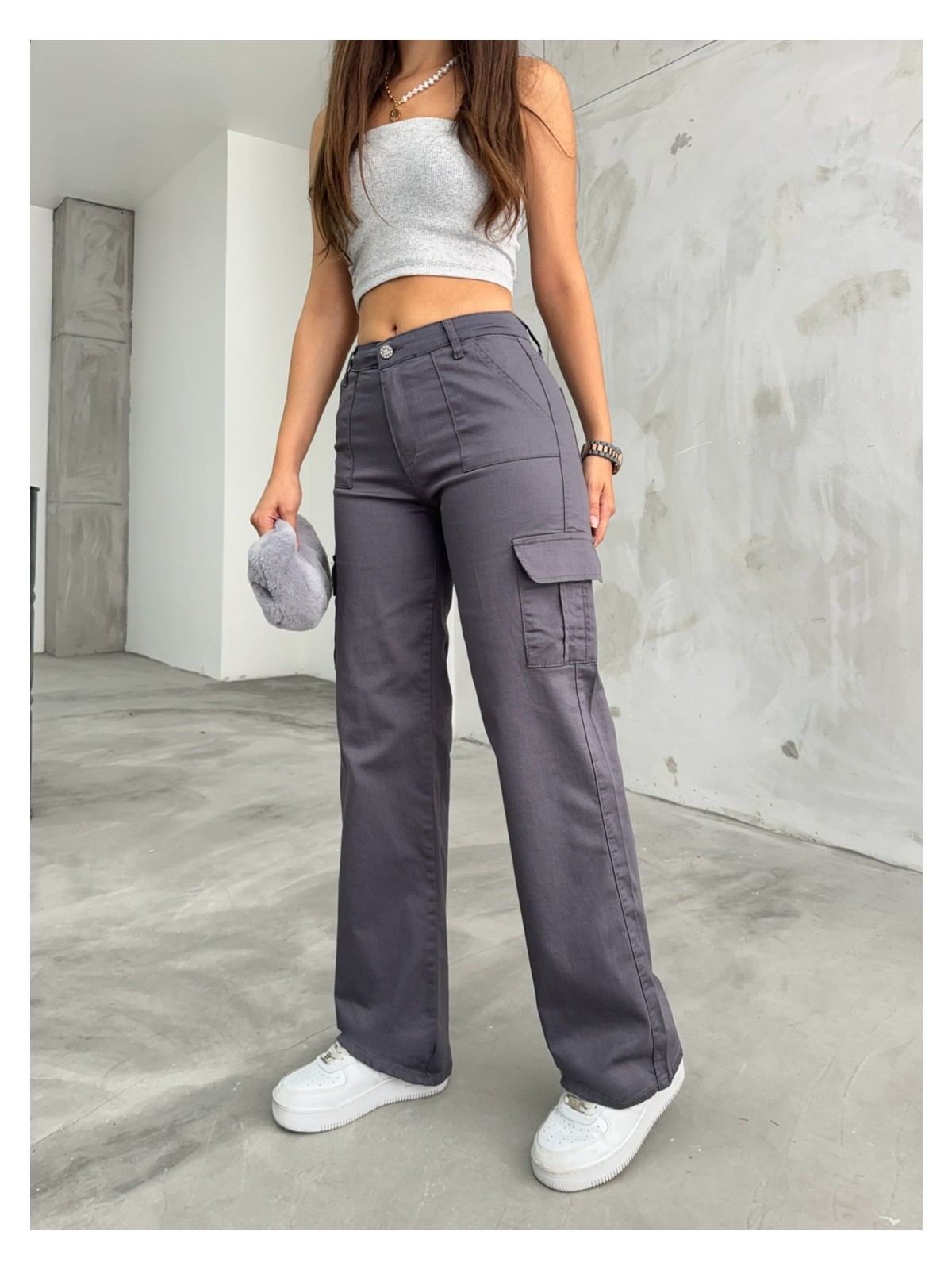 Bikelife Vizon Kargo Cepli Likralı Yüksek Bel Wide Leg Pantolon - Görsel 4