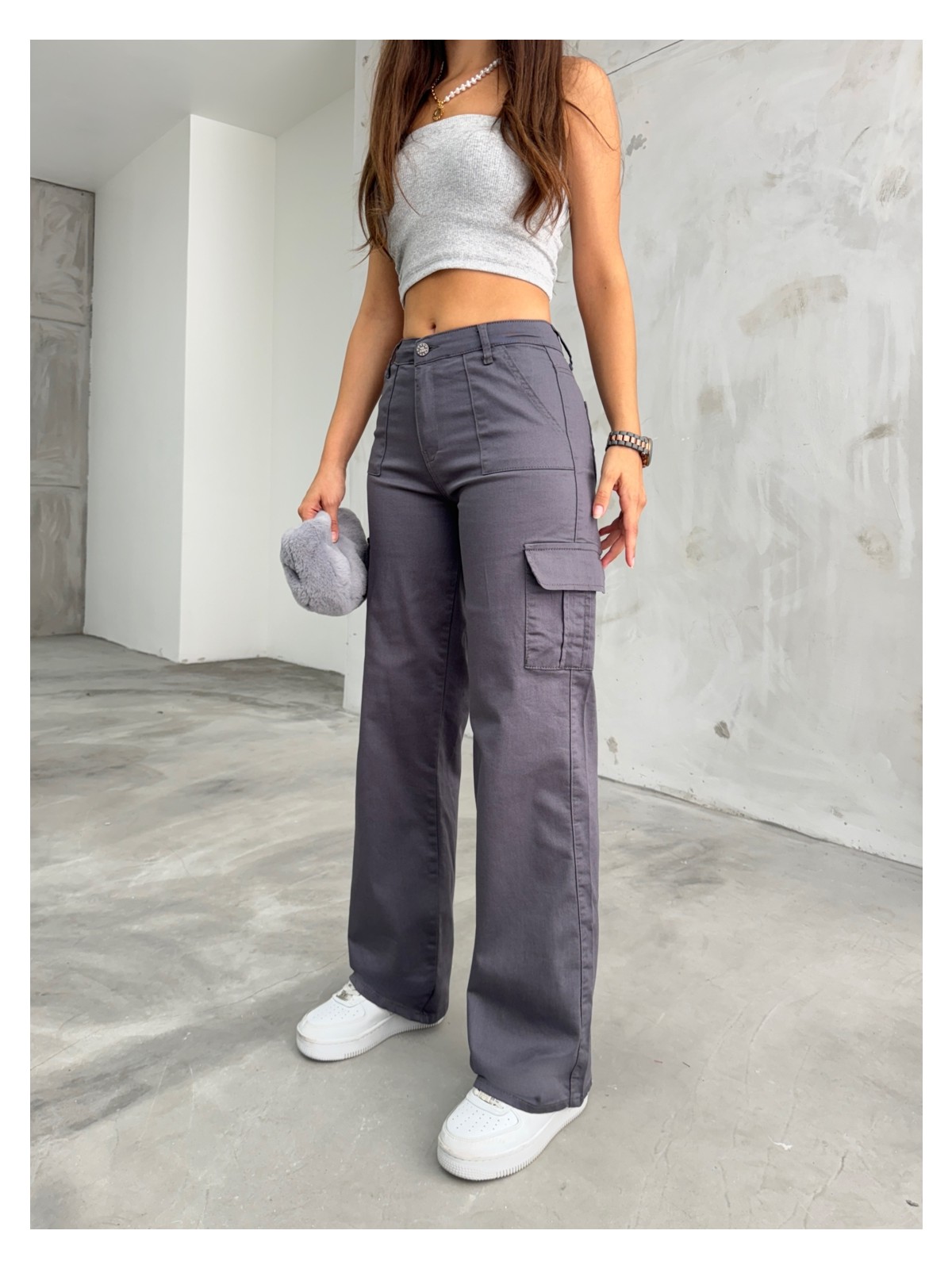 Bikelife Siyah Kargo Cepli Likralı Yüksek Bel Wide Leg Pantolon - Görsel 4