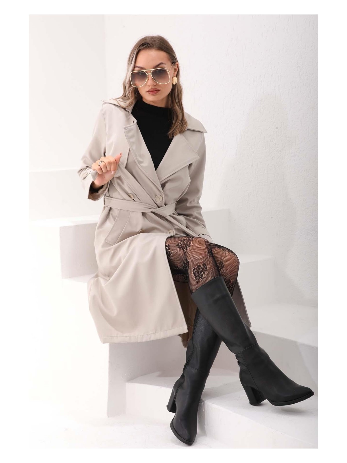 Şimal Kadın Kuşak Detaylı Uzun Trenckot - Görsel 3