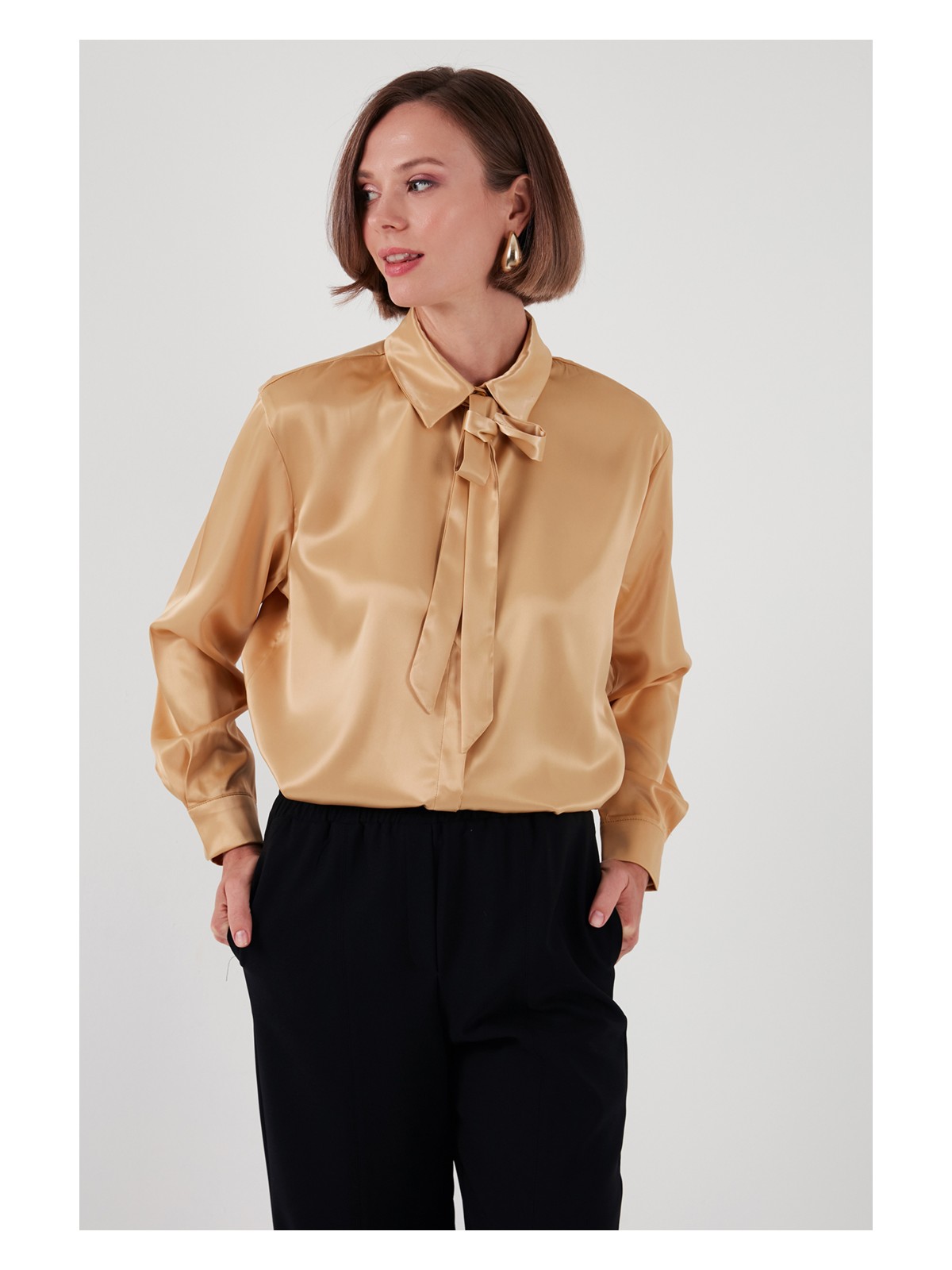 Lela Regular Fit Bağlama Detaylı Saten Gömlek Kadın Gömlek 611GO00159 - Görsel 7