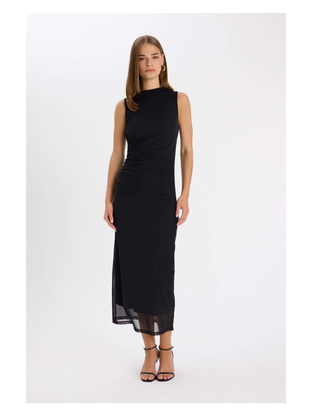 DeFacto Bodycon Vücudu Saran Yarım Balıkçı Yaka Basic Düz Tül Kolsuz Maxi Abiye Elbise C3519AX24AU - Görsel 3