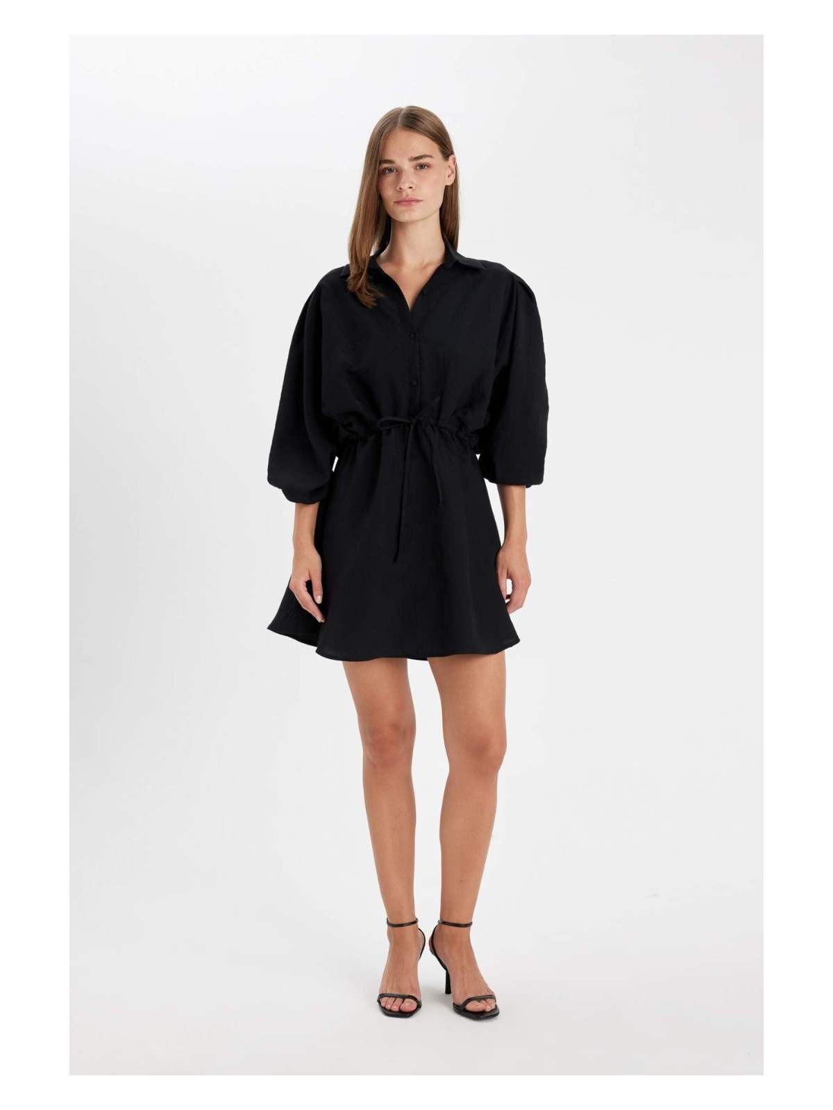 DeFacto Gömlek Yaka Beli Büzgülü Bağcıklı Basic Düz Modal Yarasa Kollu Mini Siyah Elbise C4472AX24AU