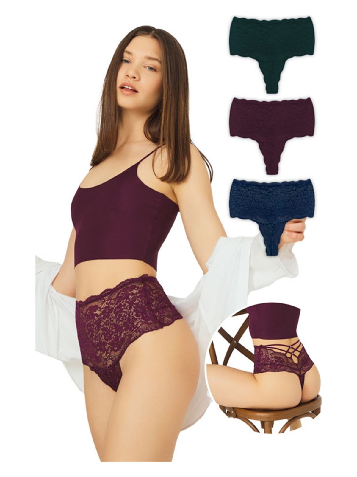 Cottonhill Dantelli Lastik Detaylı Yüksek Bel Kadın Tanga 3'lü Paket Külot - 2