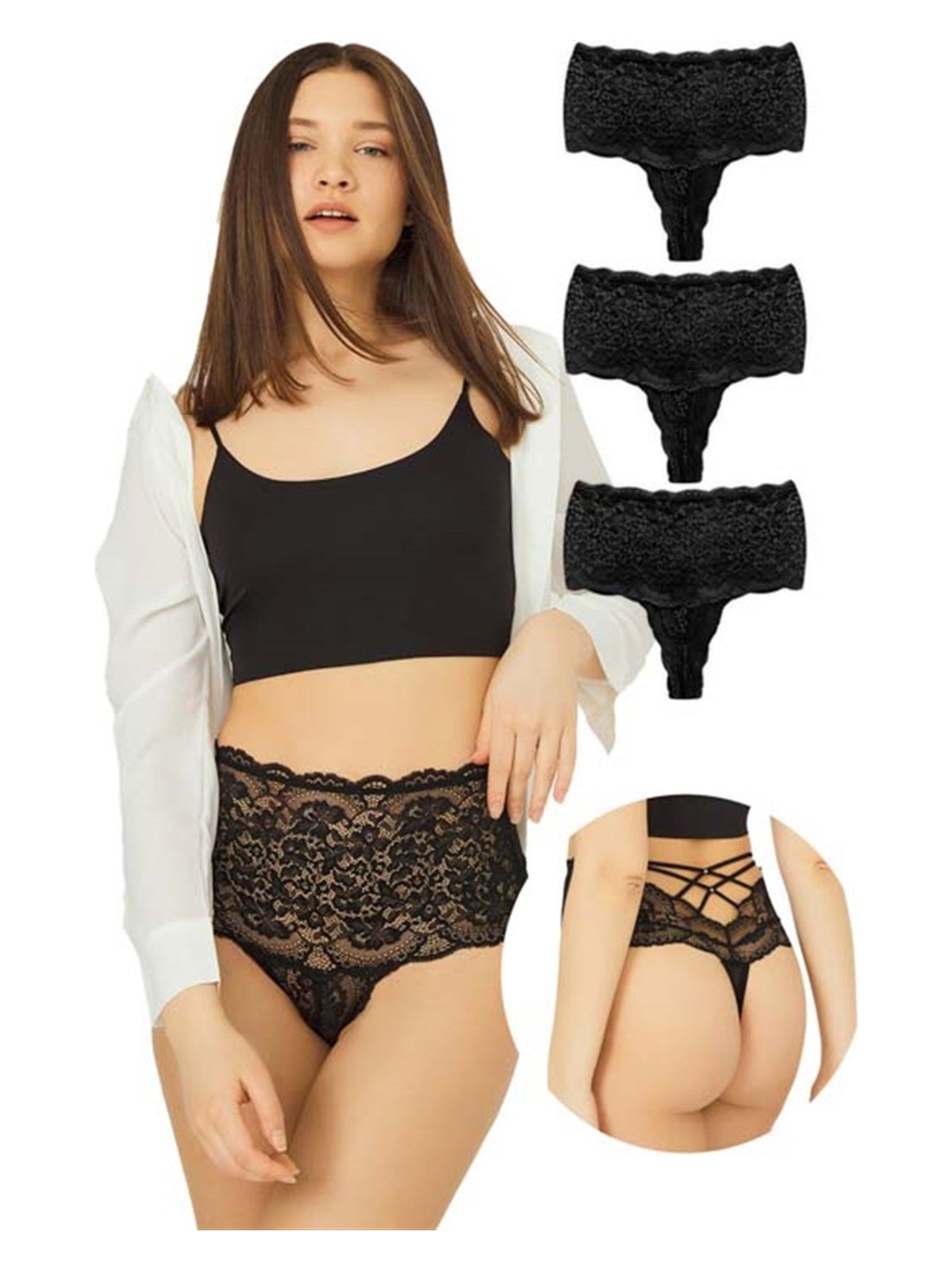 Cottonhill Dantelli Lastik Detaylı Yüksek Bel Kadın Tanga 3'lü Paket Külot - 2 - Görsel 6
