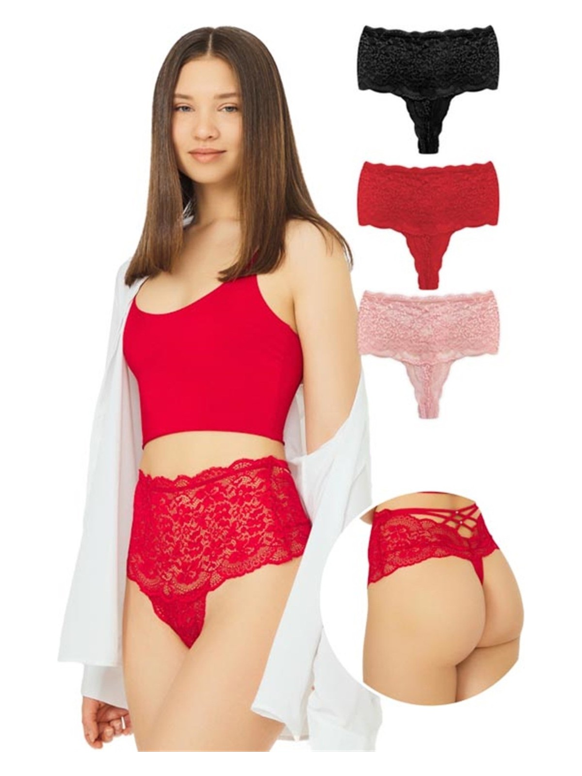 Cottonhill Dantelli Lastik Detaylı Yüksek Bel Kadın Tanga 3'lü Paket Külot - 2 - Görsel 8