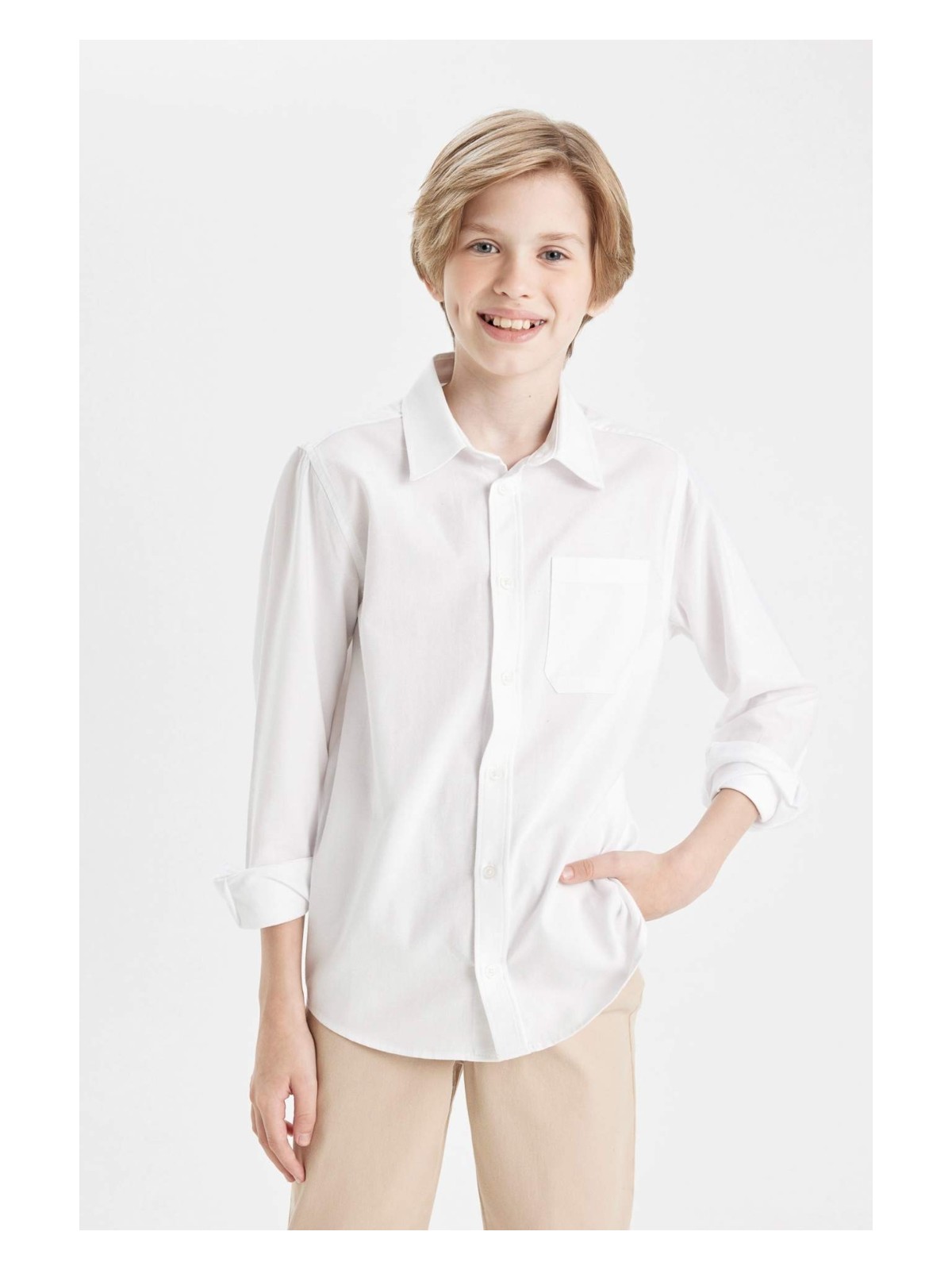 DeFacto Polo Yaka Oxford Uzun Kollu Basic Düz Okul Gömleği Erkek Çocuk T8854A624AU - Görsel 3