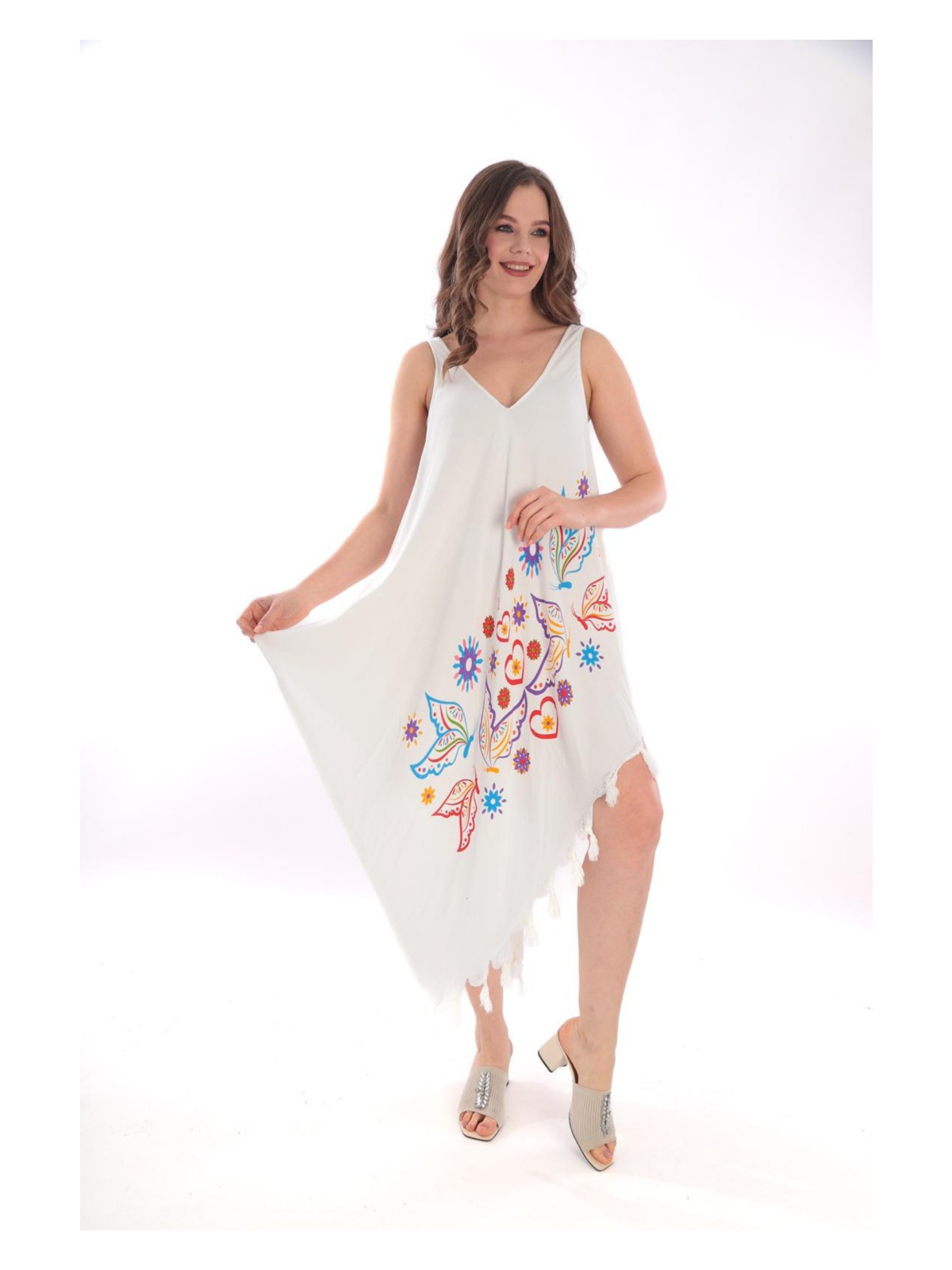 Rozet Tekstil Mavi Düğmeli Pamuklu Yazlık Plaj Elbisesi Standart Beden - Görsel 3