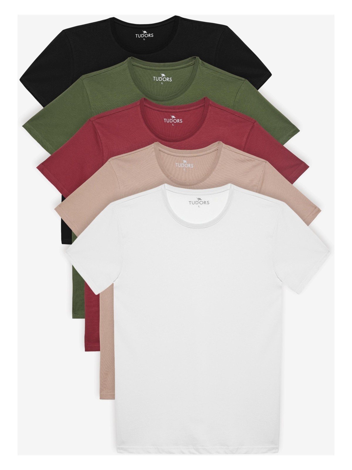 Tudors Unisex 5'li Paket Siyah-Beyaz-Haki-Bordo-Vizon Slim Fit Dar Kesim %100 Pamuk Bisiklet Yaka T-Shirt