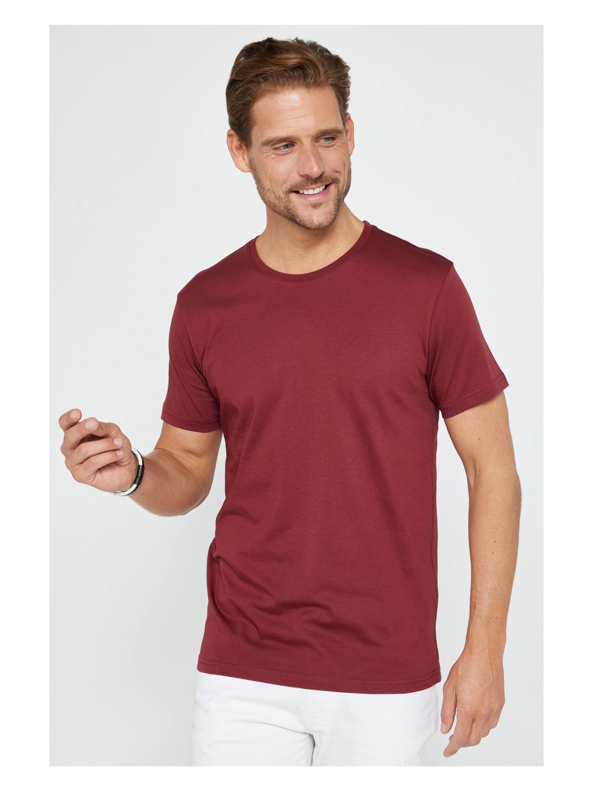 Tudors Unisex 5'li Paket Siyah-Beyaz-Haki-Bordo-Vizon Slim Fit Dar Kesim %100 Pamuk Bisiklet Yaka T-Shirt - Görsel 4