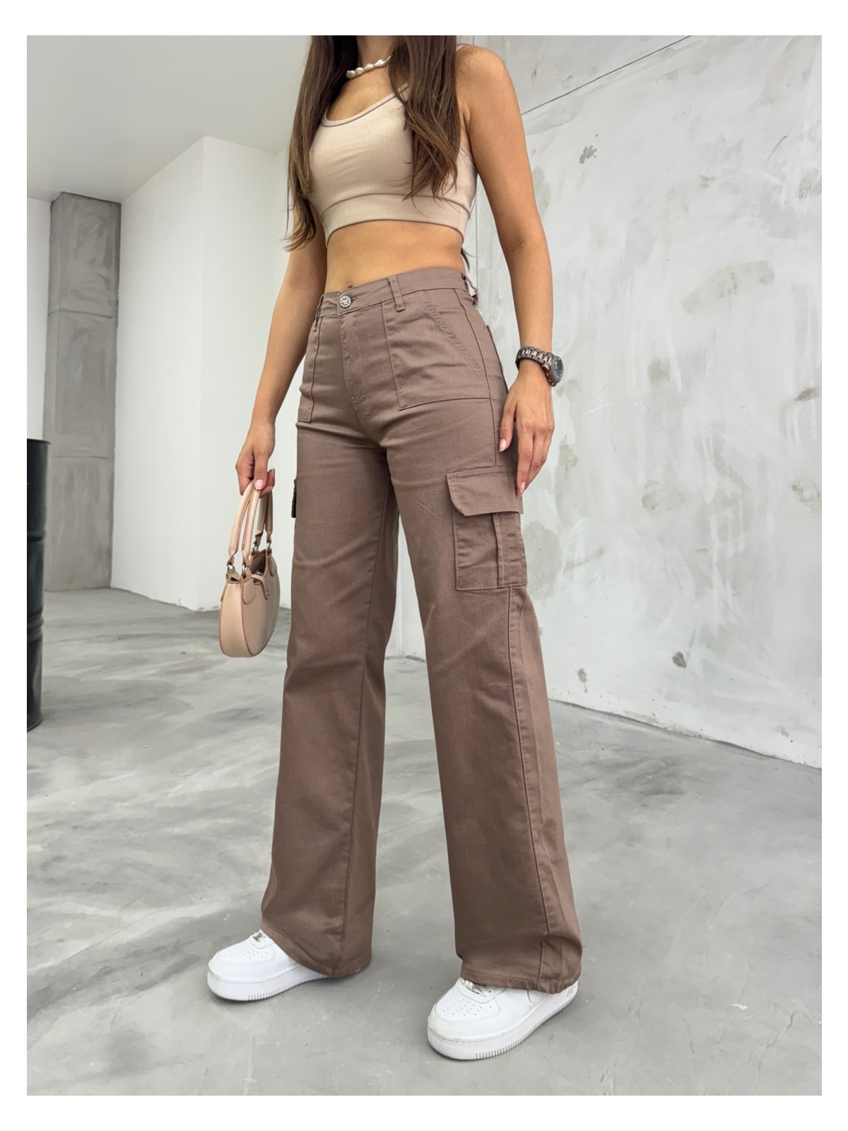 Bikelife Bej Kargo Cepli Likralı Yüksek Bel Wide Leg Pantolon - Görsel 5