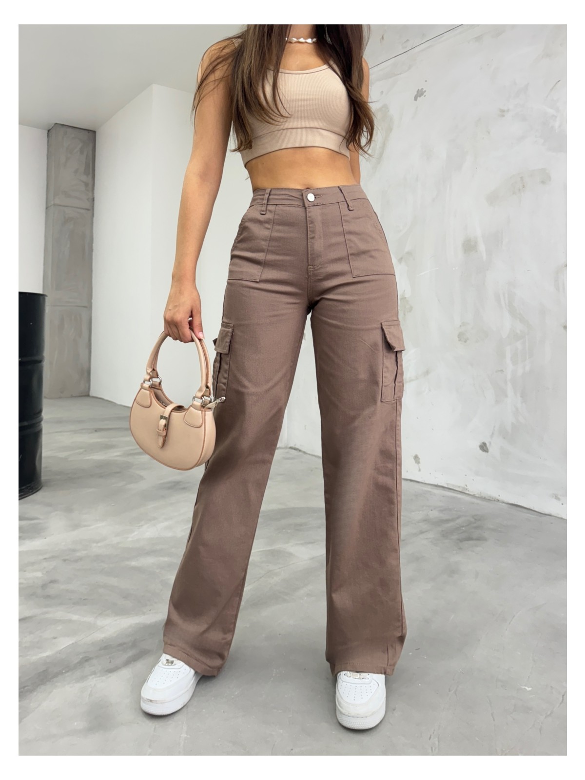 Bikelife Gri Kargo Cepli Likralı Yüksek Bel Wide Leg Pantolon - Görsel 5