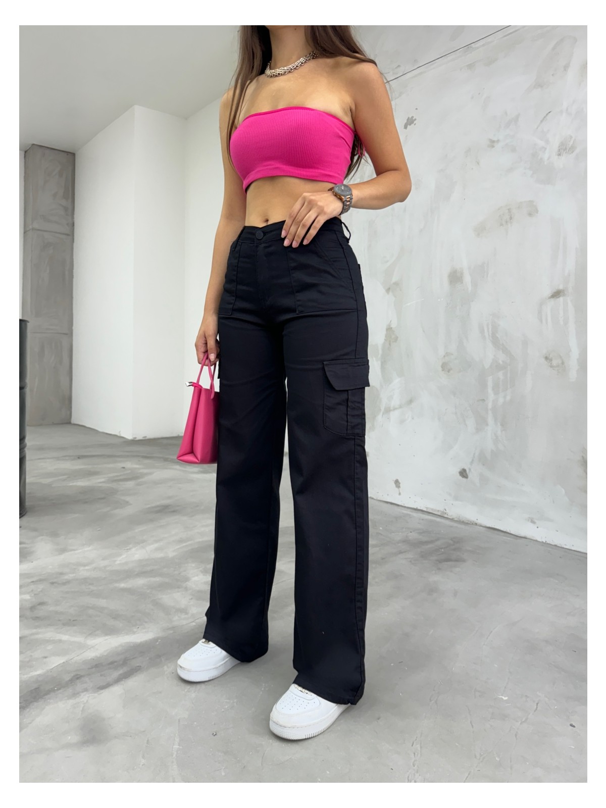 Bikelife Gri Kargo Cepli Likralı Yüksek Bel Wide Leg Pantolon - Görsel 6