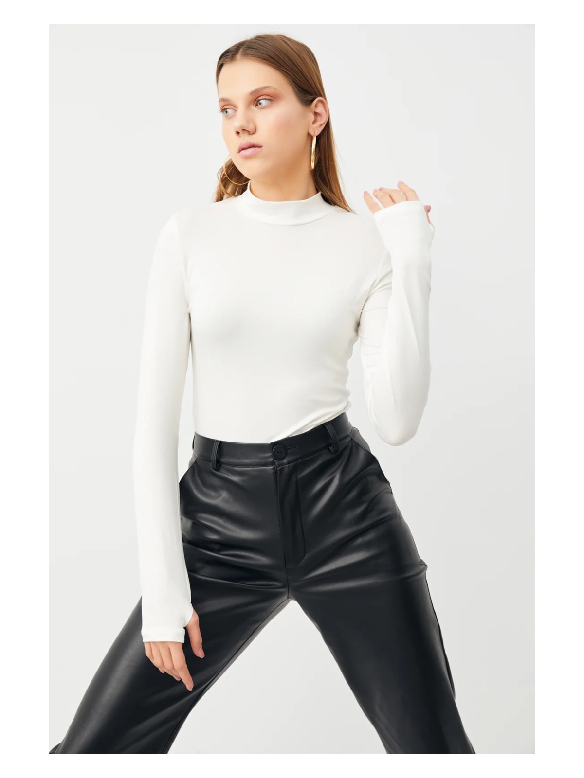 Yefra Store Kadın Krem Parmak Detaylı Dik Yaka Basic Body - Görsel 8