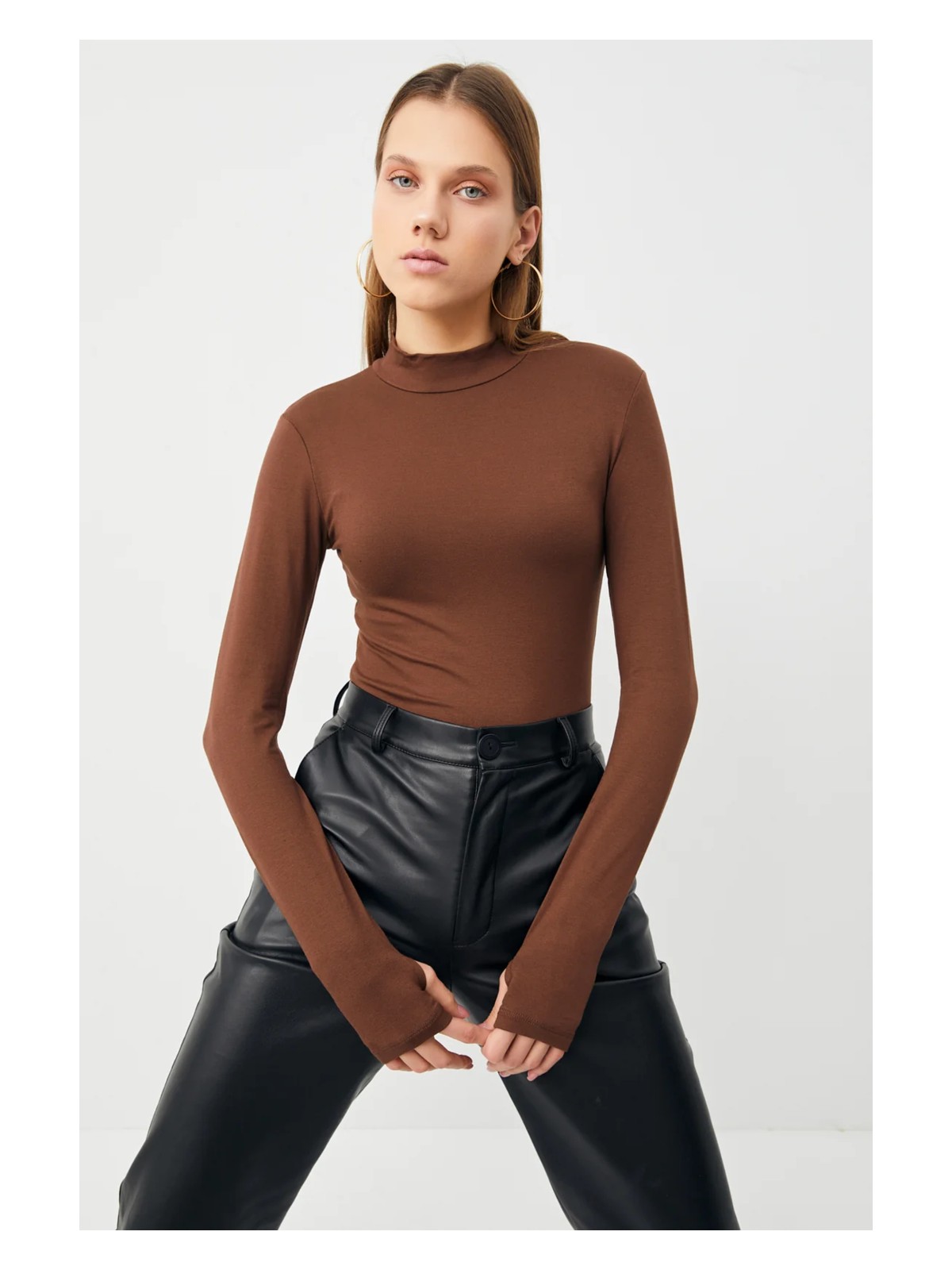 Yefra Store Kadın Beyaz Parmak Detaylı Dik Yaka Basic Body - Görsel 5