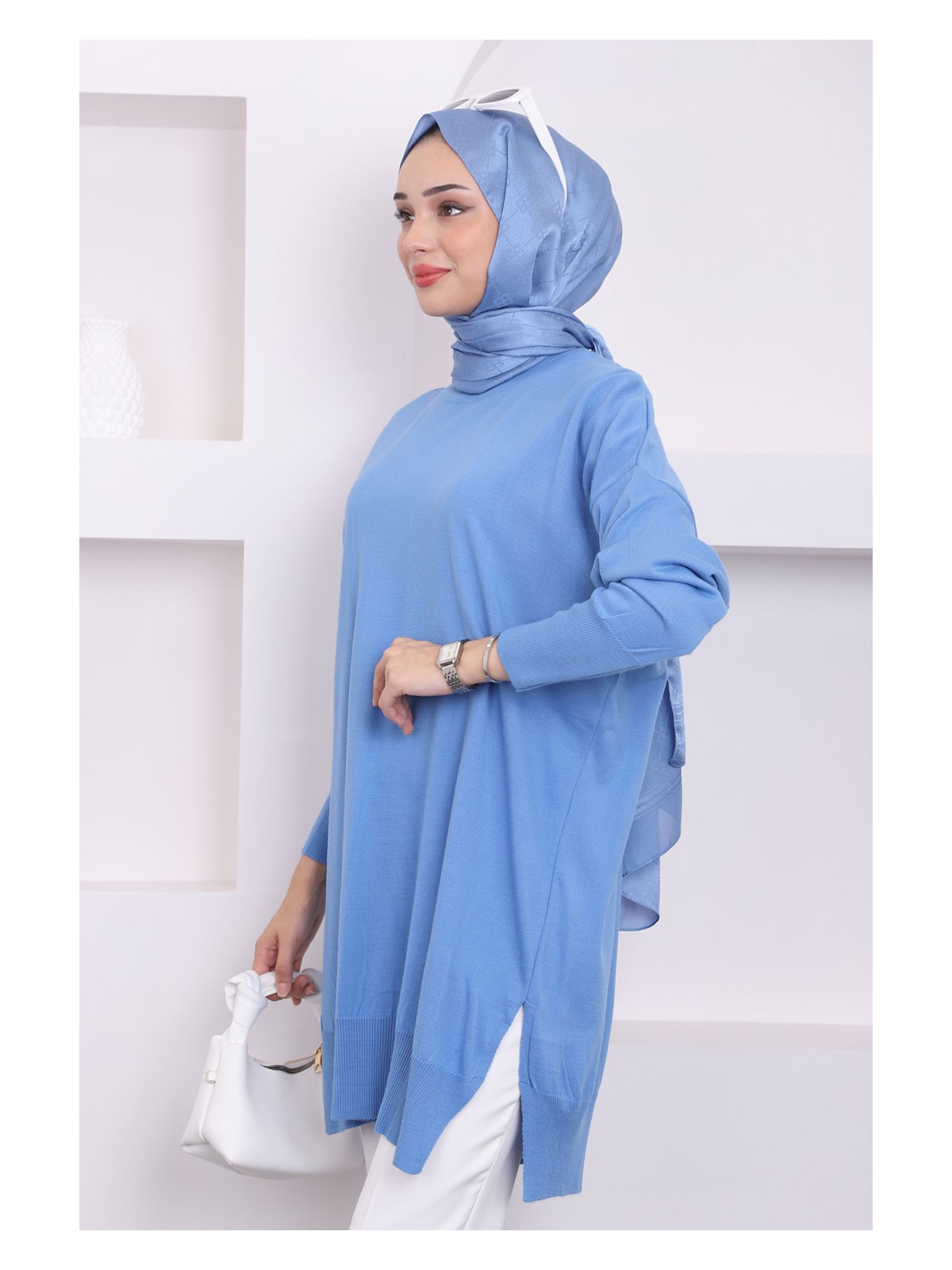 İmaj Butik İndigo Bisiklet Yaka Merserize Salaş Triko Tunik