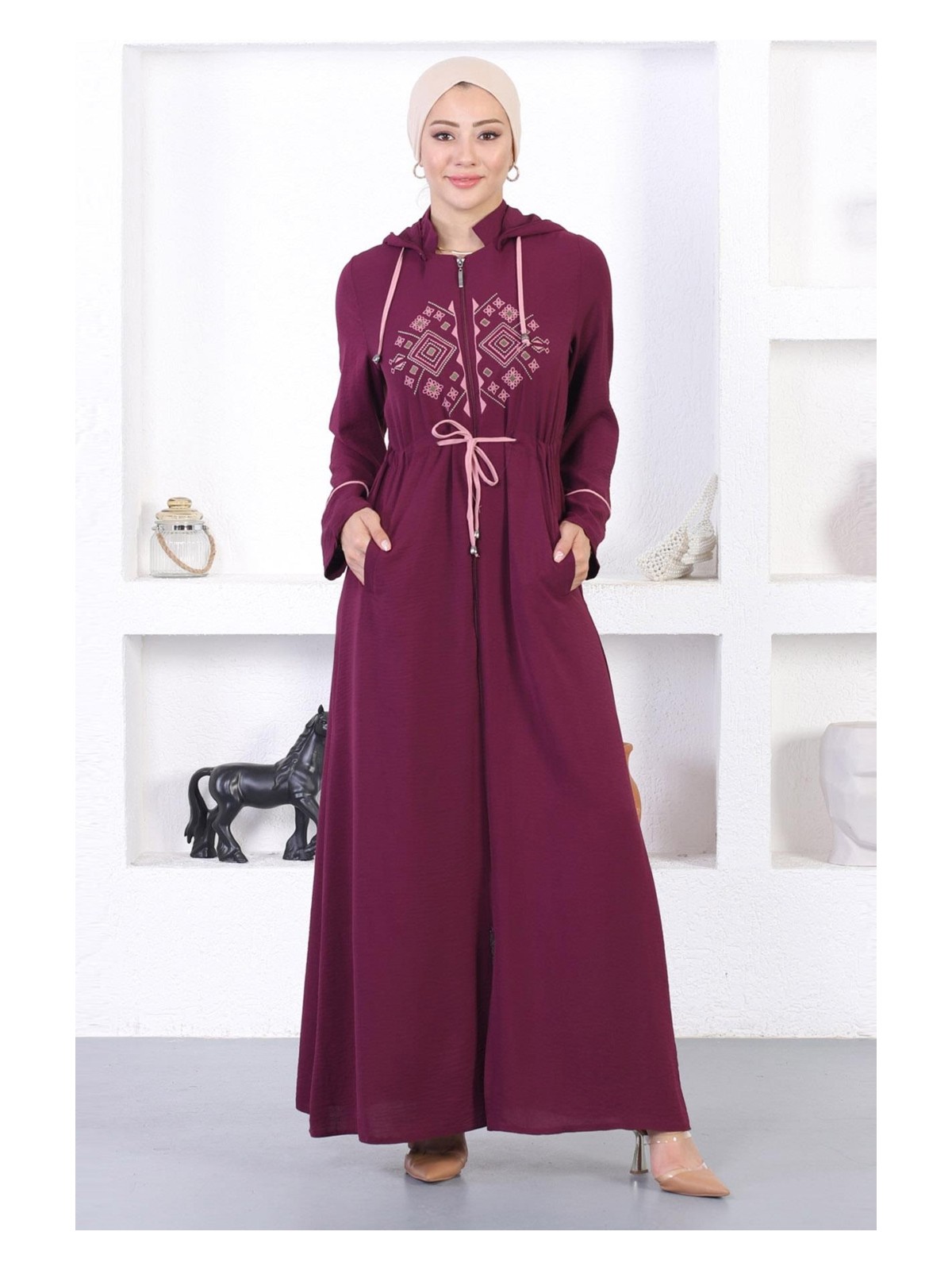 Missvalle Nakışlı Kapşonlu Ferace Mürdüm 12210