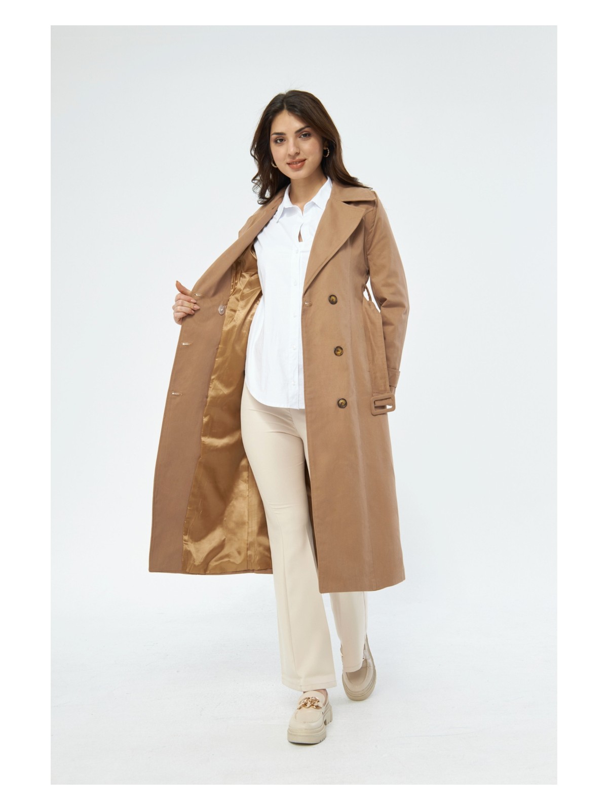 Pastelastore %100 Pamuk Ekstra Uzun (120CM) Kruvaze Kadın Trençkot 1121