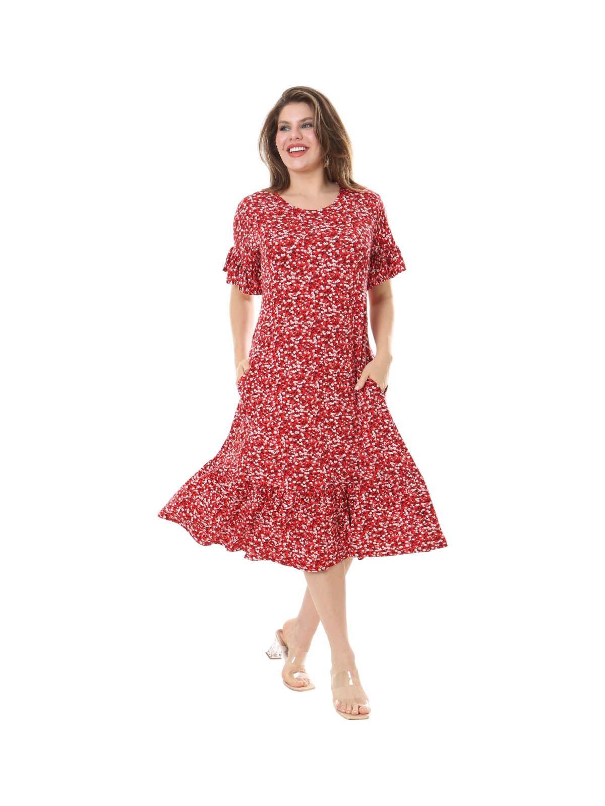 Melsay Butik Fırfırlı Cepli Kırmızı Çıtır Desenli Kısa Kollu Midi Elbise