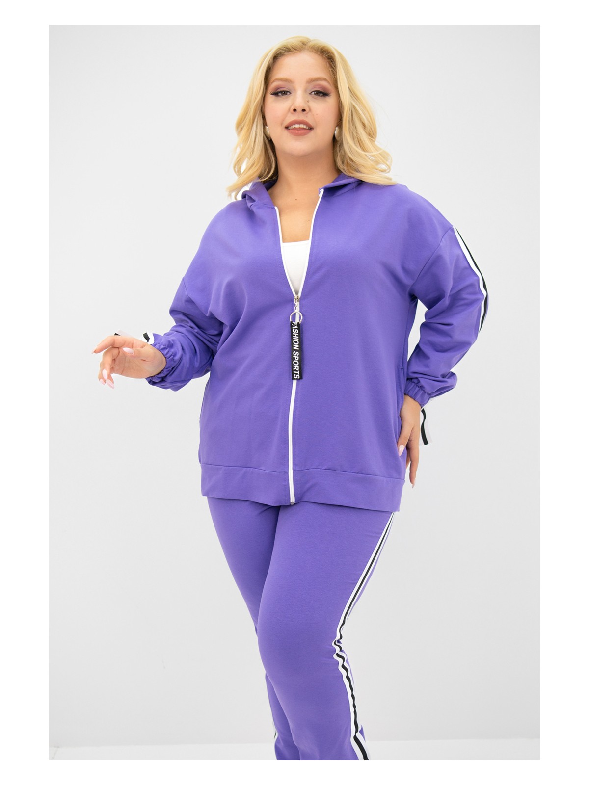 Koza Kadın Büyük Beden Kapüşonlu Eşofman Takımı 8136-25 Saks Renkli İşlevsel Cep Detaylarıyla - Görsel 5