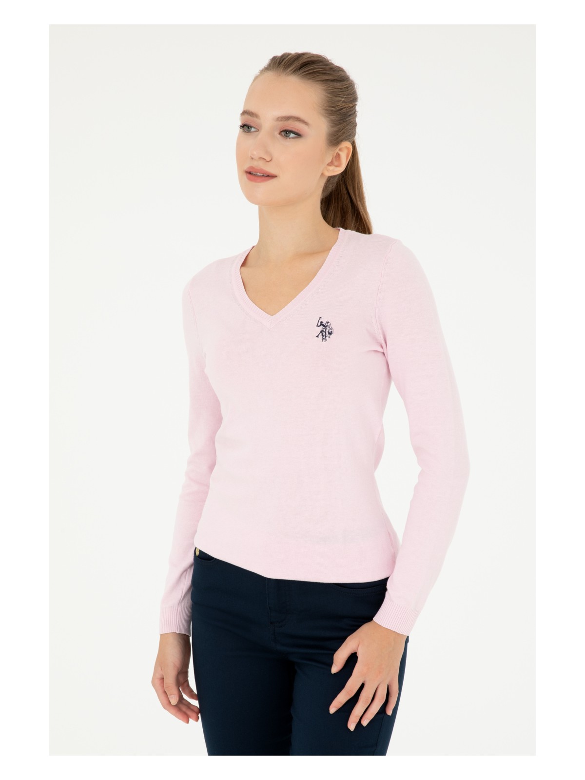 U.S. Polo Assn. Kadın Pembe V Yaka Basic Kazak 50293542-VR041