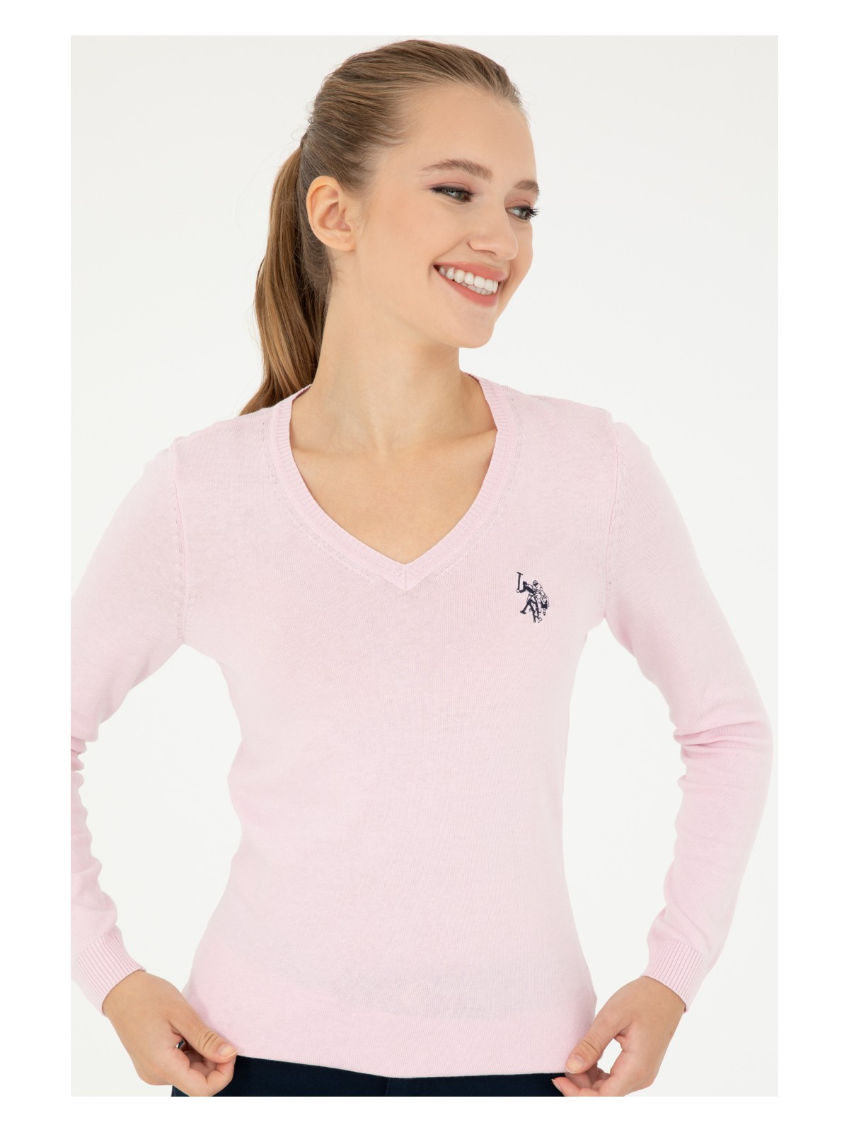 U.S. Polo Assn. Kadın Pembe V Yaka Basic Kazak 50293542-VR041 - Görsel 3