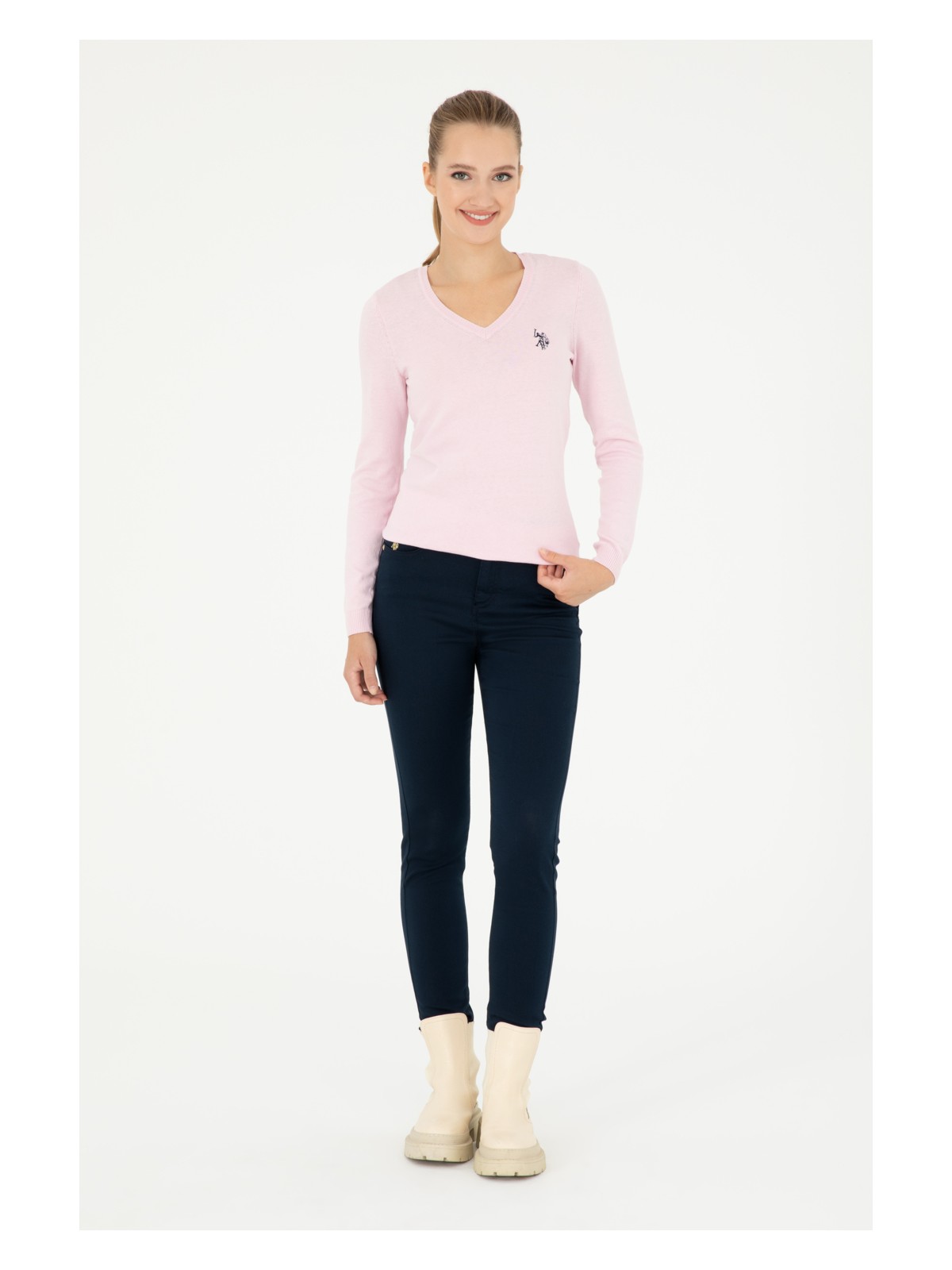 U.S. Polo Assn. Kadın Pembe V Yaka Basic Kazak 50293542-VR041 - Görsel 4
