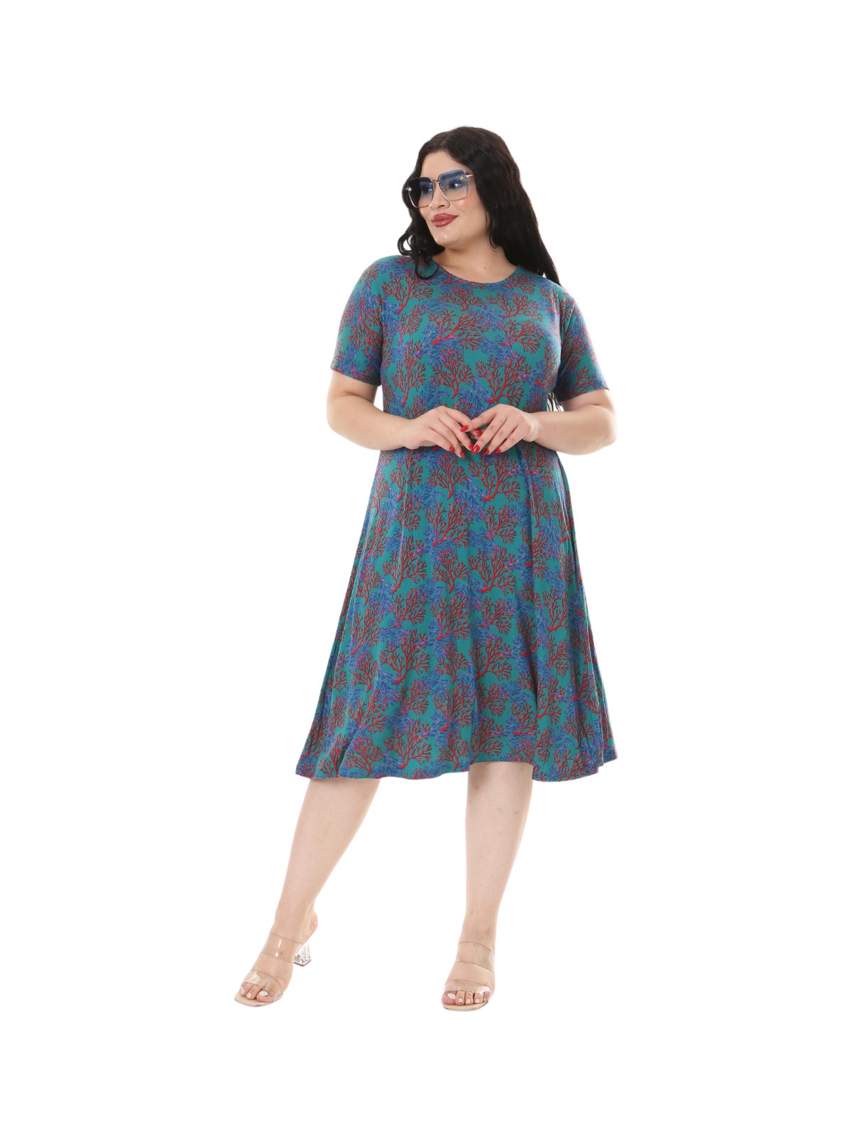 Melsay Butik Mavi Kırmızı Mercan Desen Kısa Kollu Midi Elbise