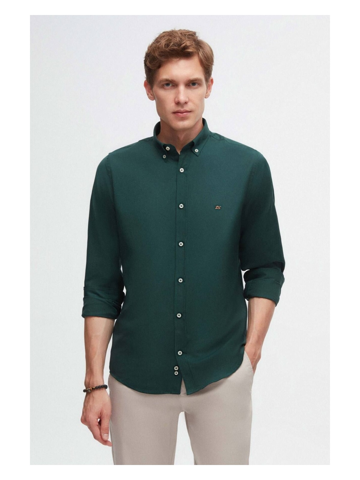 D'S Damat Slim Fit Yeşil Oxford Düğmeli Yaka Kolay Ütülenebilir Nakış Detaylı Pamuklu Gömlek 4HC02ORT03265