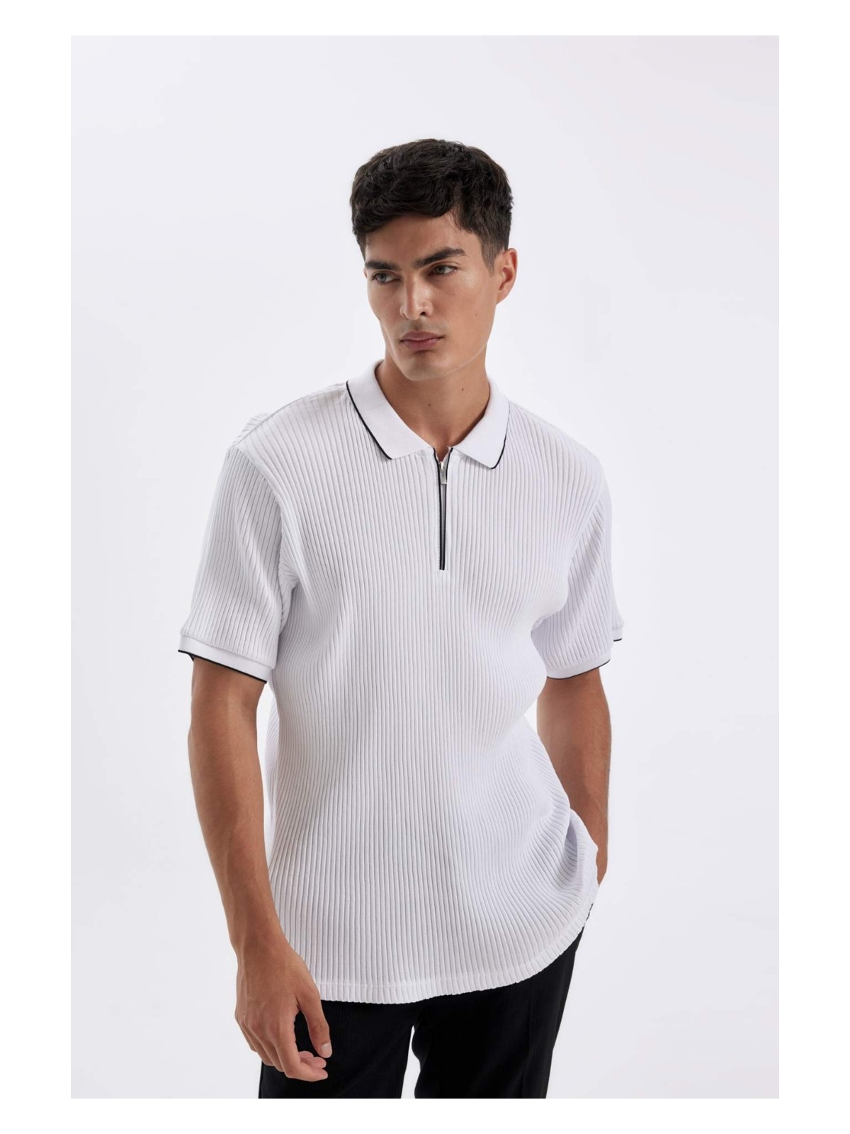 DeFacto Slim Fit Dar Kesim Polo Yaka Kısa Kollu Fitilli Kaşkorse Yarım Fermuarlı Tişört D3948AX24SM - Görsel 2