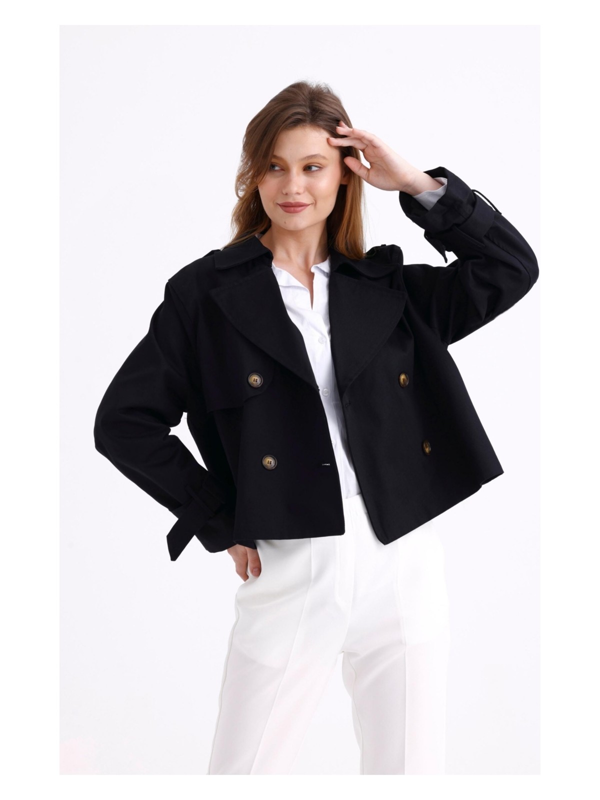 Pastelastore %100 Pamuk Gabardin Astarlı Oversize Geniş Kalıp Kadın Crop Kısa Trençkot 1122 - Görsel 8