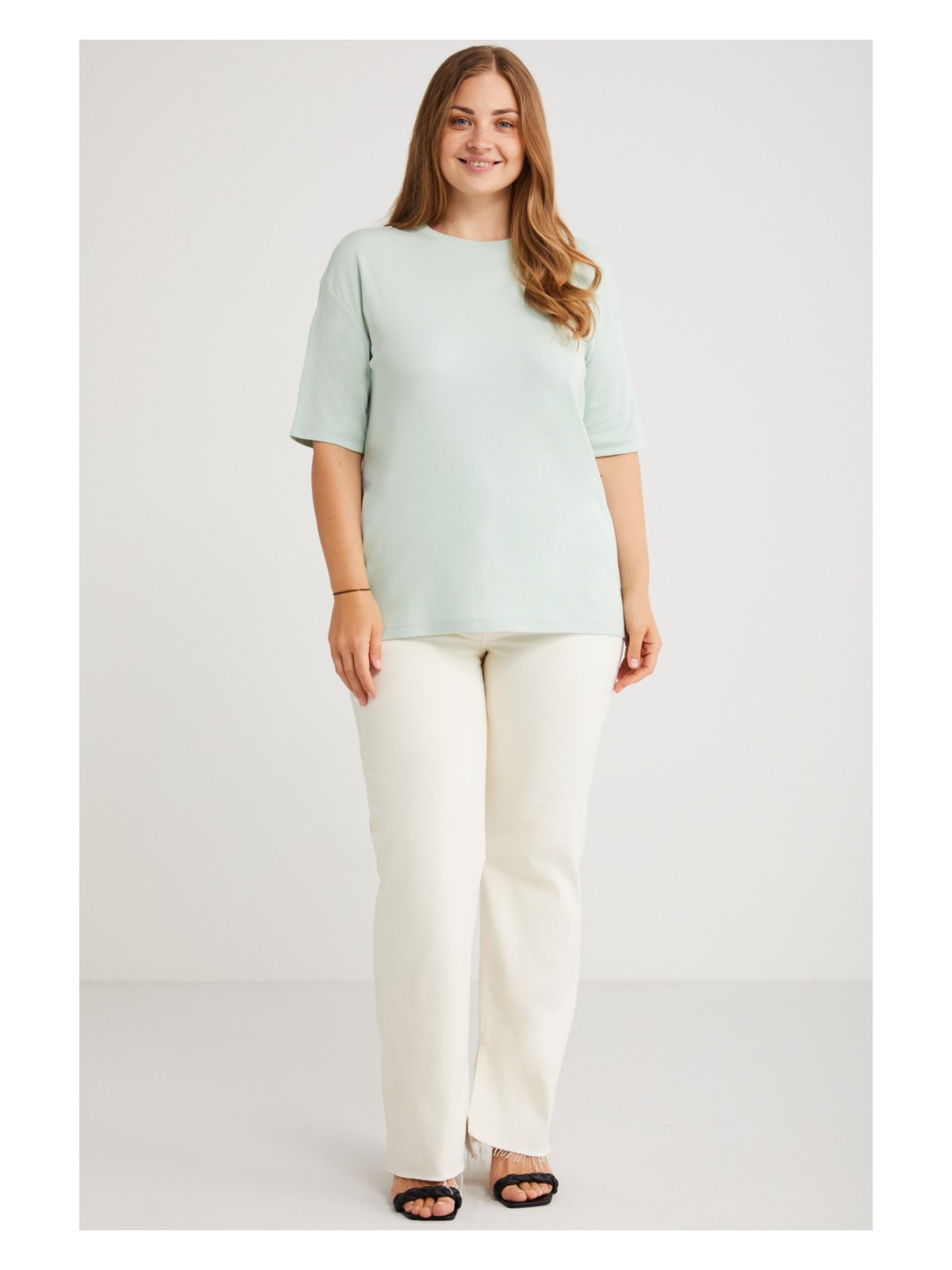 Hot Wheels Modest Vıvıan Kadın %100 Organik Pamuklu Oversize Fit Bisiklet Yaka Basic Ekru Büyük Beden T-shirt - Görsel 3