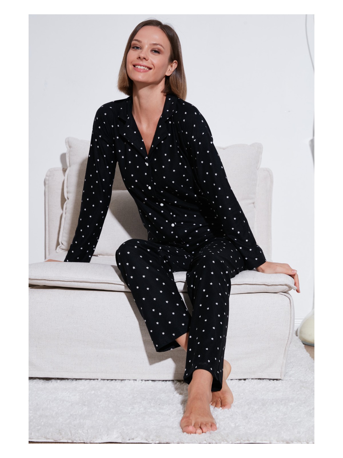 Lela Streç Standart Fit Düğmeli Pijama Takımı Bayan Pijama Takımı 60956601 - Görsel 7