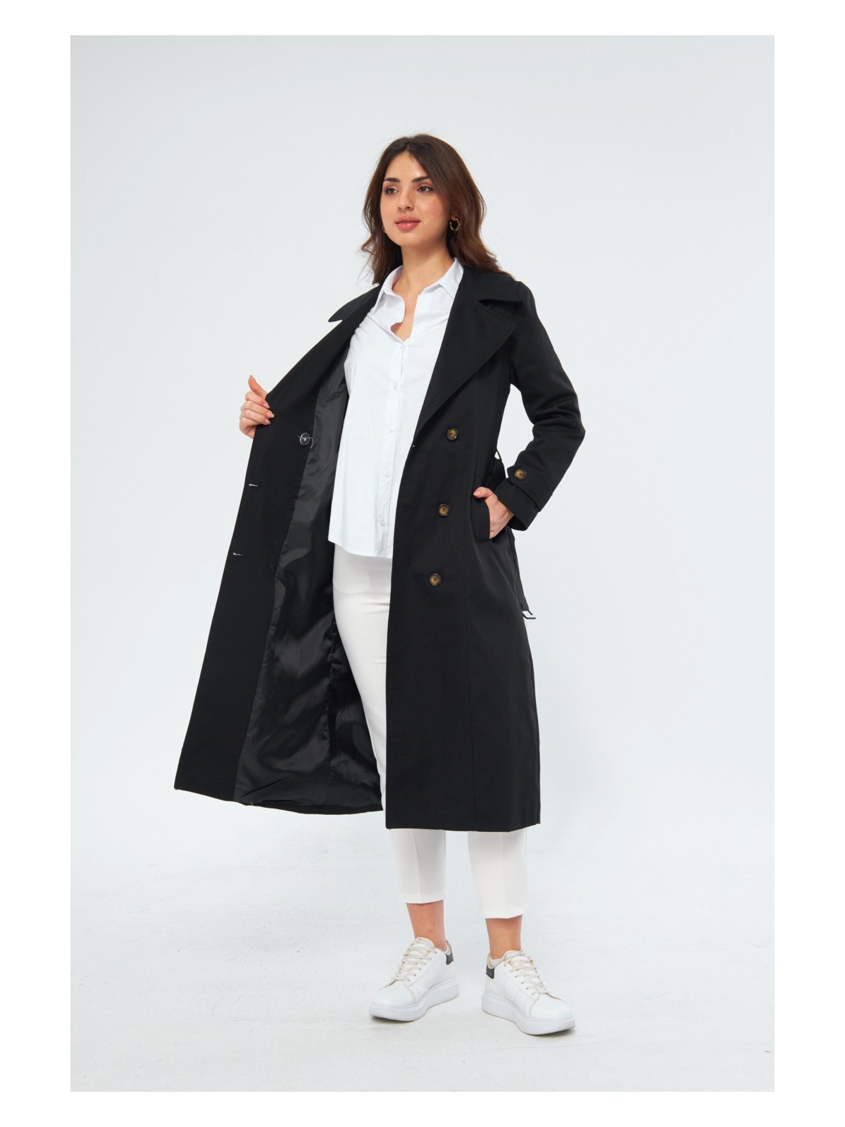 Pastelastore %100 Pamuk Ekstra Uzun (120CM) Kruvaze Kadın Trençkot 1121 - Görsel 4