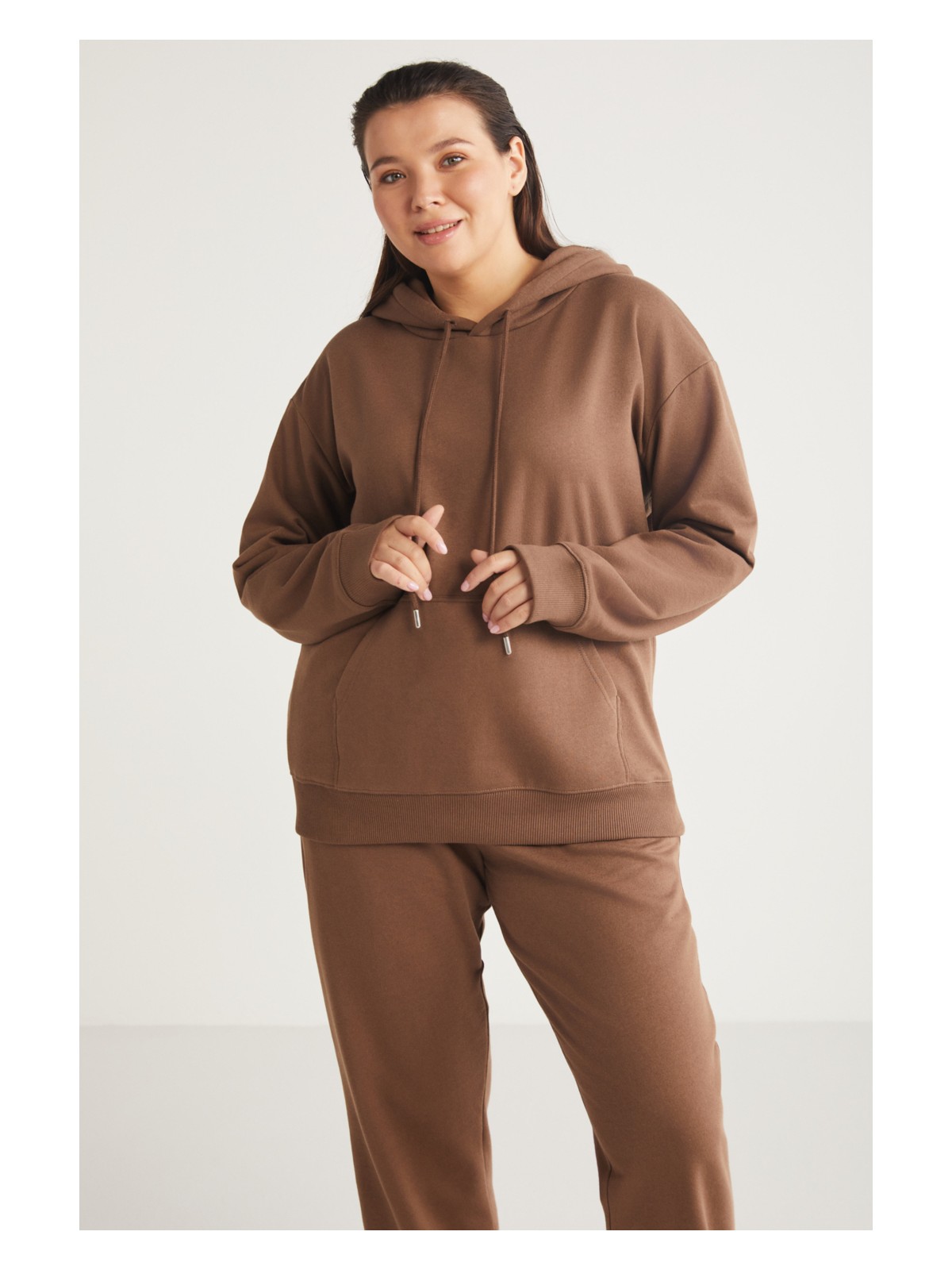 Ethiquet Terezabb Kadın İçi Polarlı Yumuşacık Comfort Fit Kapüşonlu Kanguru Cep Yeşil Büyük Beden Sweatshirt - Görsel 9
