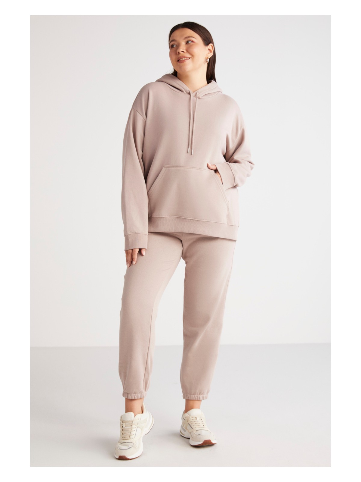 Ethiquet Terezabb Kadın İçi Polarlı Yumuşacık Comfort Fit Kapüşonlu Kanguru Cep Bej Büyük Beden Sweatshirt - Görsel 8