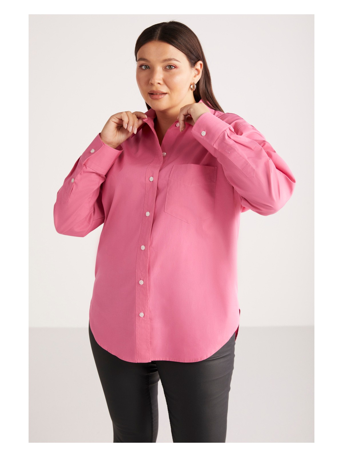 Ethiquet Susan Kadın Büyük Beden Poplin Manşetli Oversize Pembe Büyük Beden Gömlek