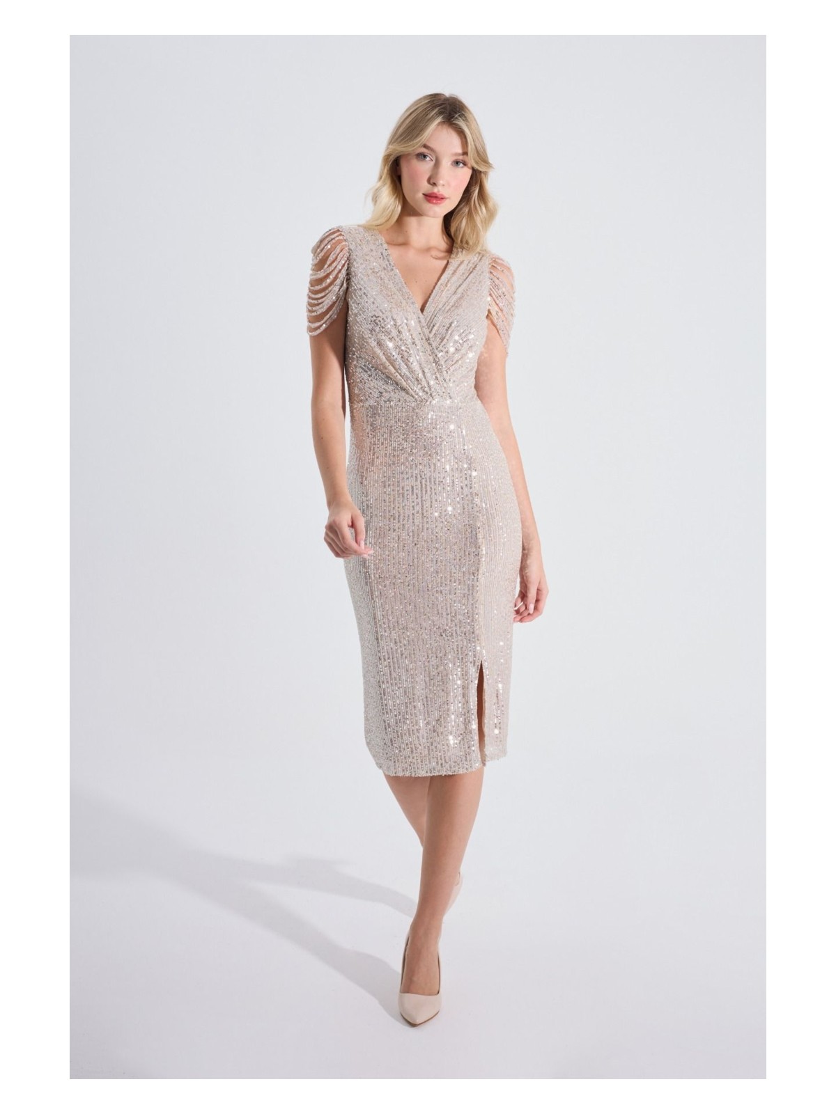 HOX'S Gloria | Payetli Midi Kalem Abiye Elbise Kruvaze Yaka Kolsuz Önden Yırtmaçlı - Bej