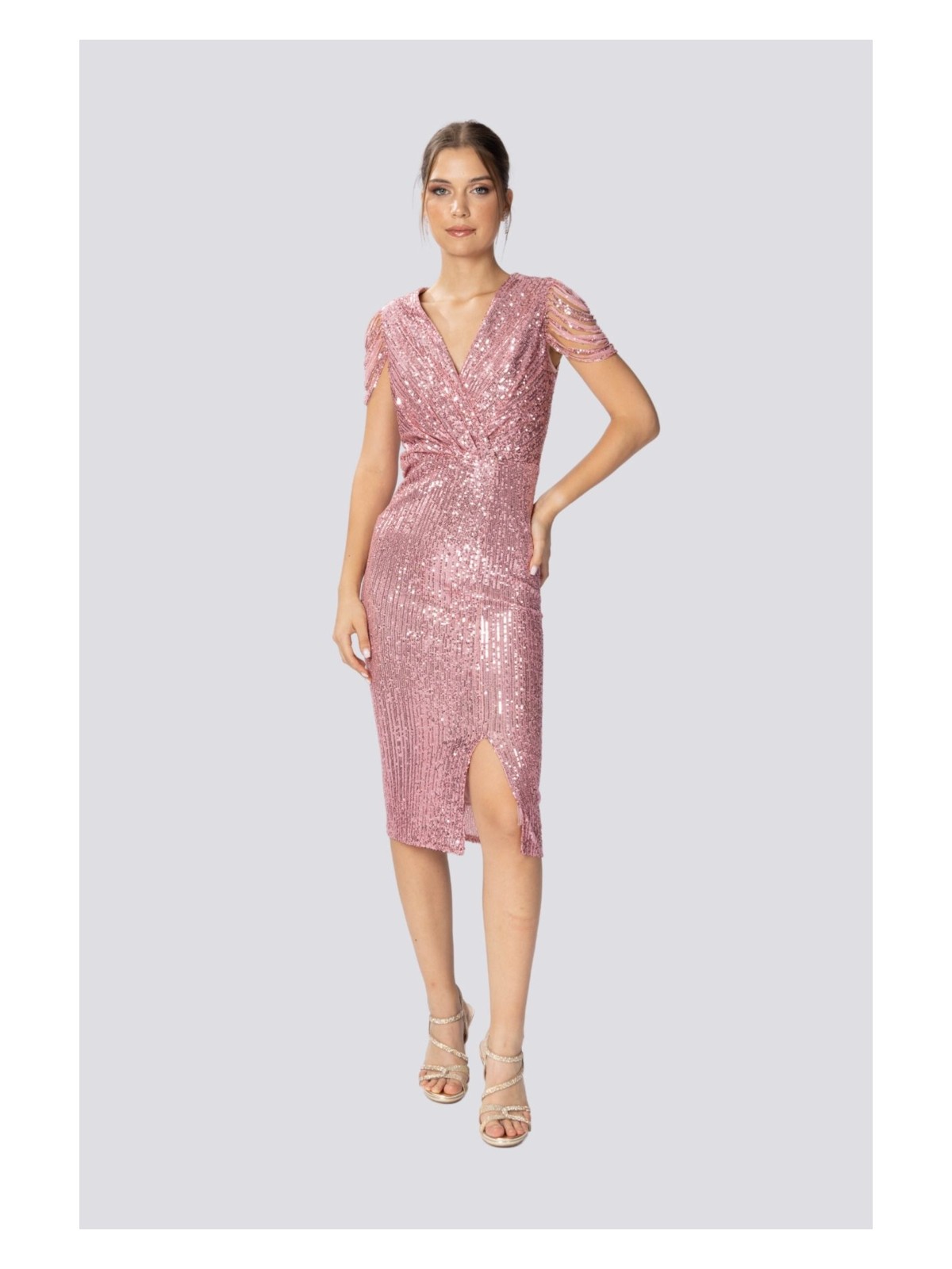 HOX'S Gloria | Payetli Midi Kalem Abiye Elbise Kruvaze Yaka Kolsuz Önden Yırtmaçlı - Lacivert - Görsel 7