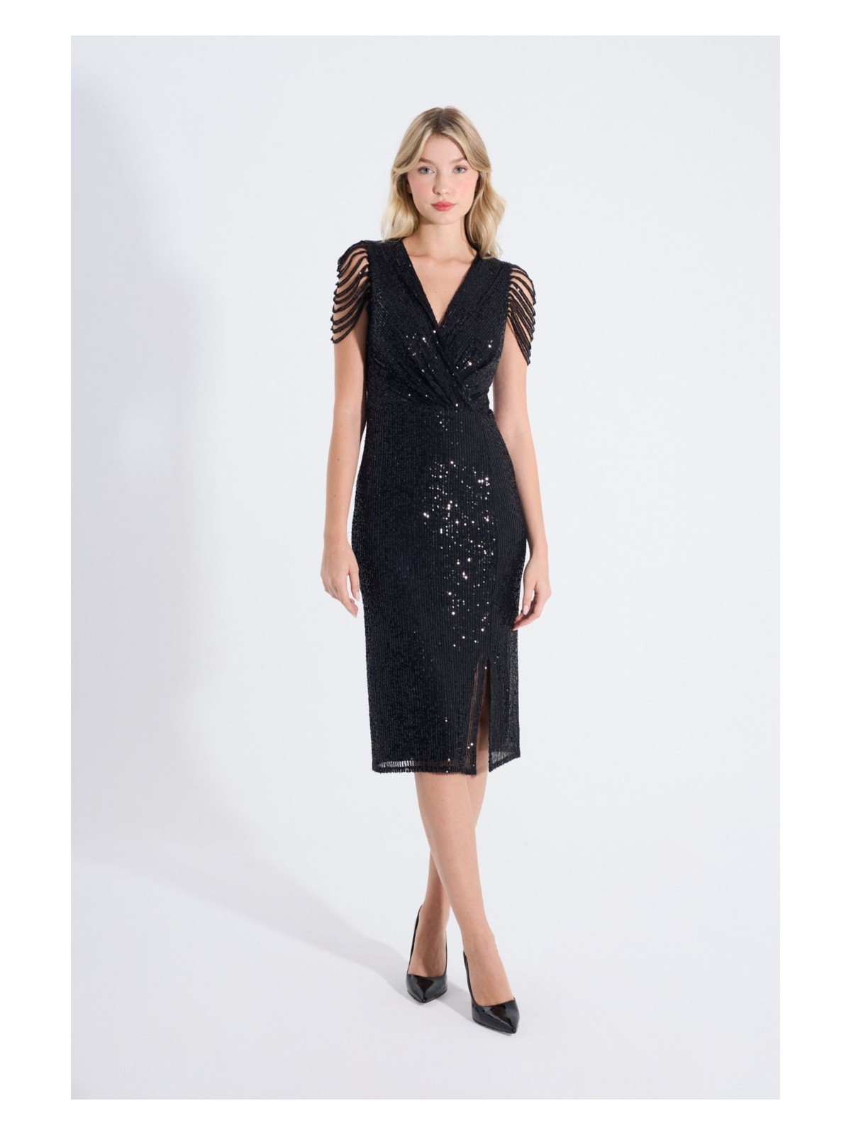 HOX'S Gloria | Payetli Midi Kalem Abiye Elbise Kruvaze Yaka Kolsuz Önden Yırtmaçlı - Lacivert - Görsel 8