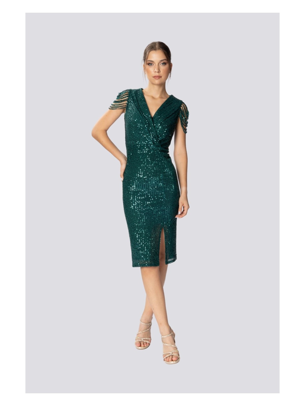 HOX'S Gloria | Payetli Midi Kalem Abiye Elbise Kruvaze Yaka Kolsuz Önden Yırtmaçlı - Lacivert - Görsel 5