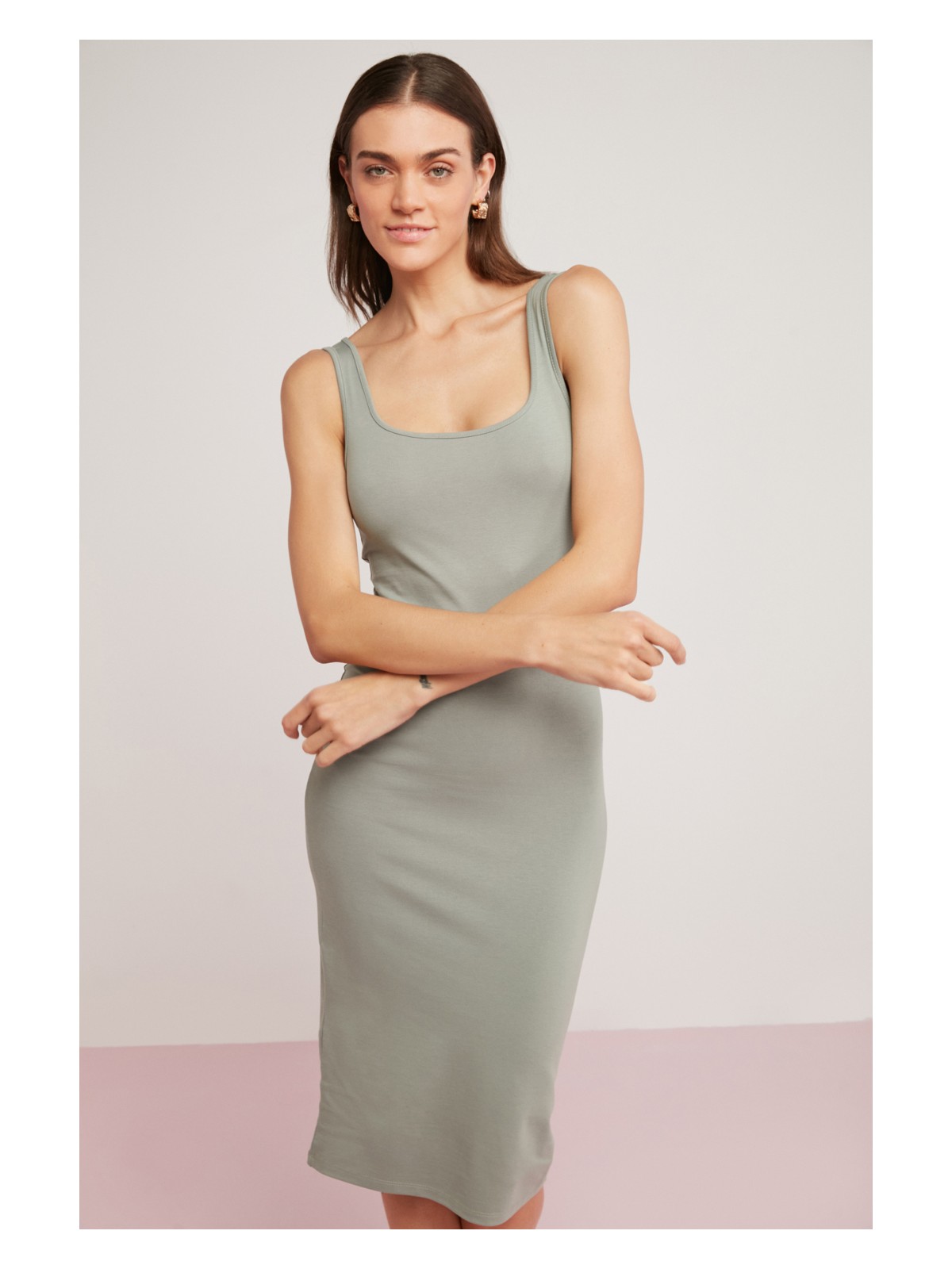 Ethiquet Margaret Kadın Vücuda Tamamen Oturan Kalın Askılı Kalem Yeşil Elbise