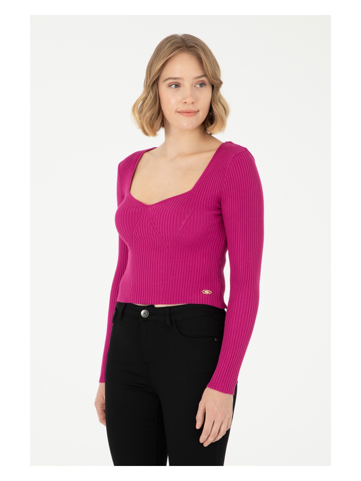 U.S. Polo Assn. Kadın Fuşya V Yaka Kazak 50293163-VR023