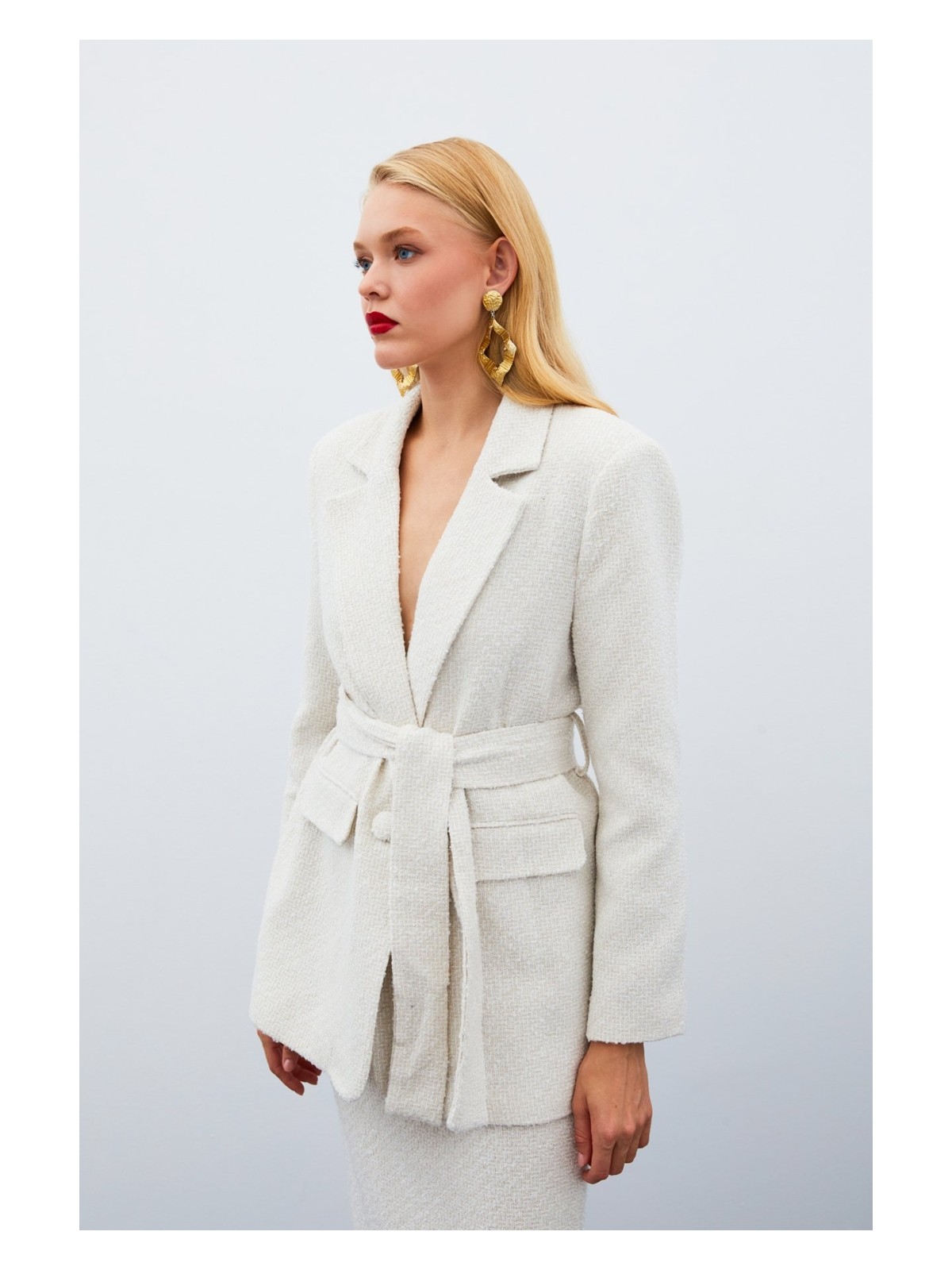 Sateen Kuşaklı Tüvit Ceket - Taş