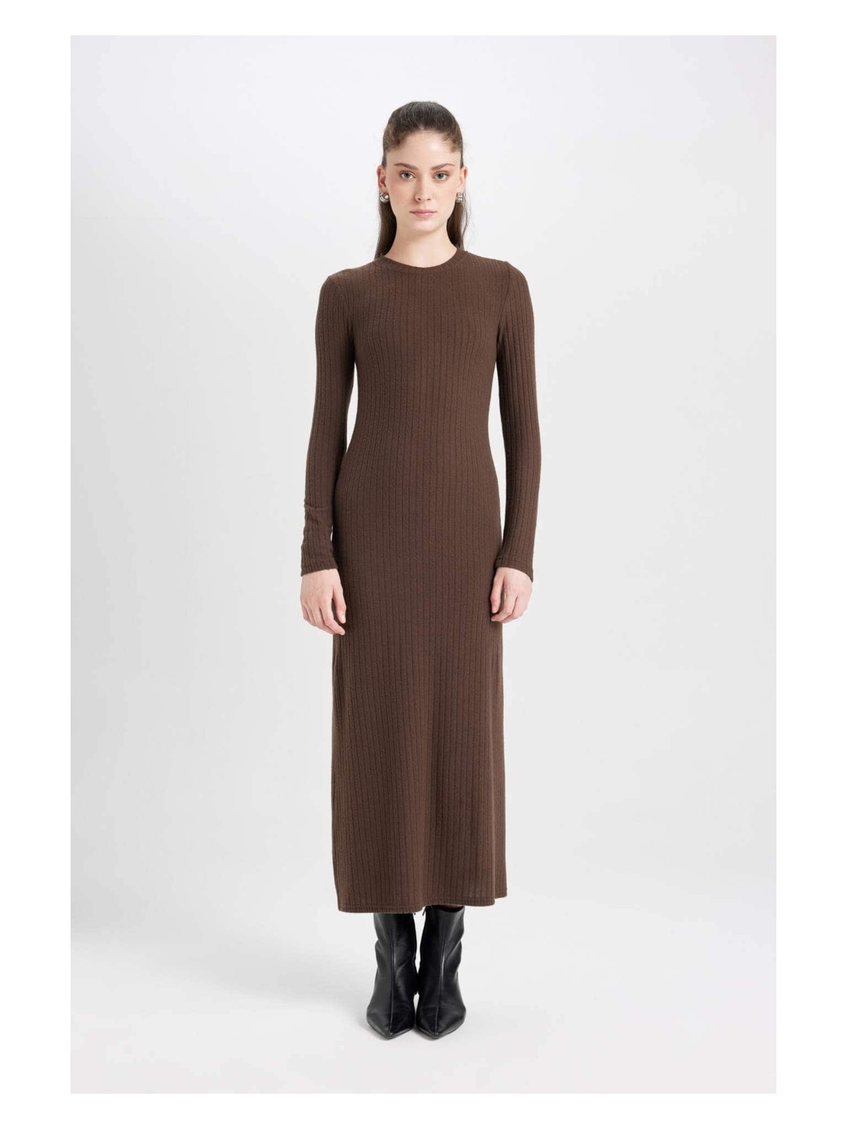 DeFacto Bodycon Vücudu Saran Bisiklet Yaka Basic Düz Kaşkorse Uzun Kollu Maxi Elbise D3373AX24WN