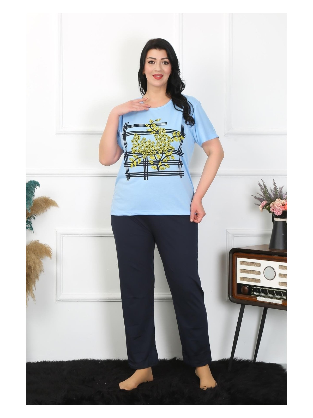 Akbeniz Kadın Büyük Beden Mavi Pijama Takımı 202402