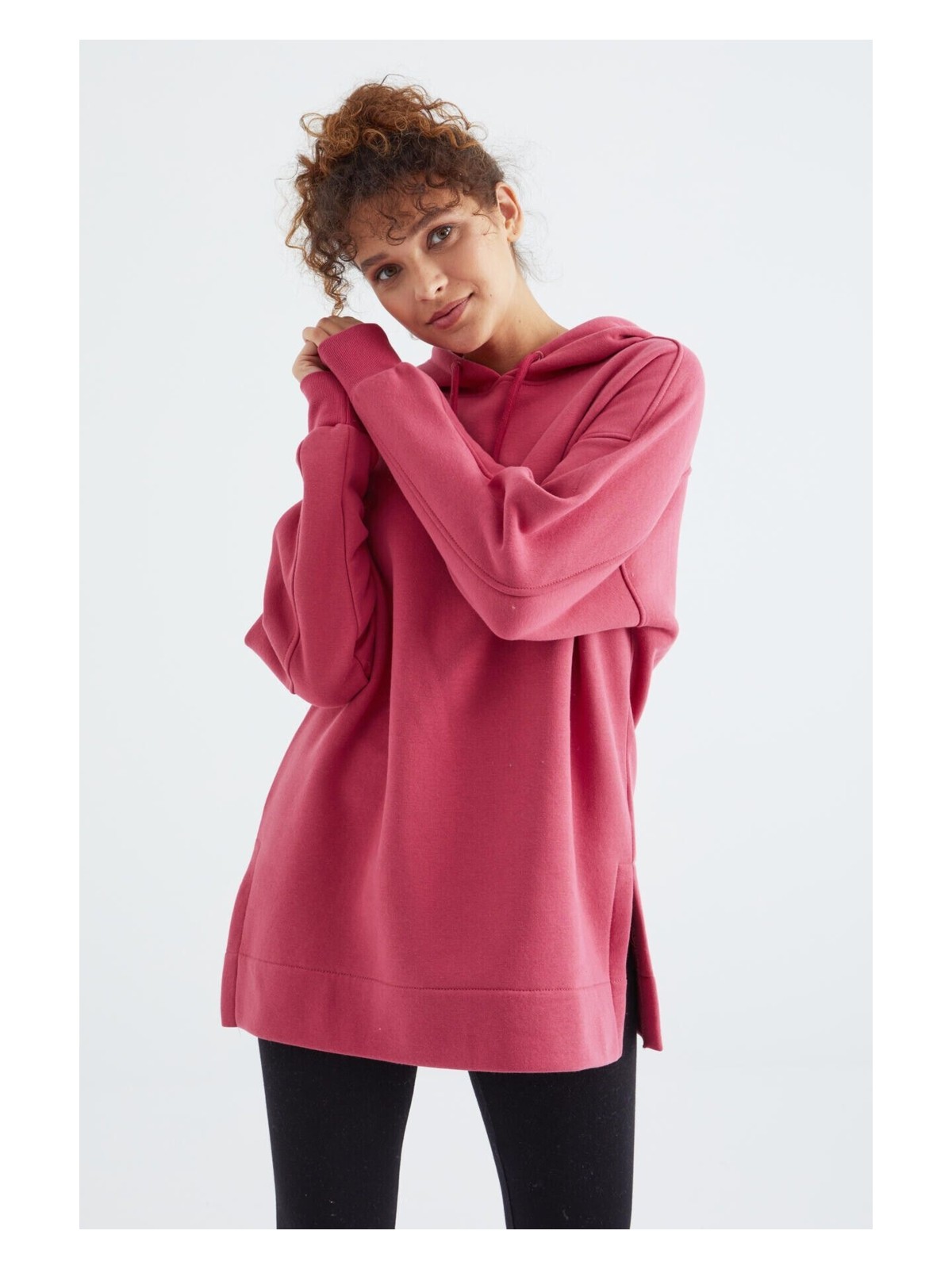 Tommy Life Yaban Gülü Reglan Kol Basic Kapüşonlu Oversize Sweatshirt Sweatshirt Tunik - 97242